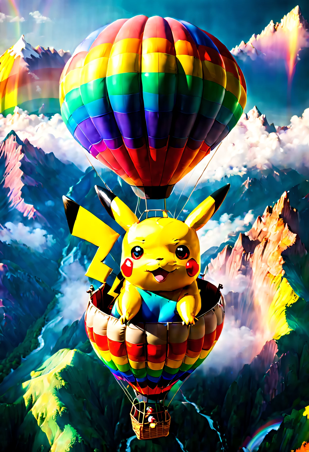 (Pikachu flies over the mountains in a giant rainbow-colored hot air balloon:1.6), [Aerial view], [From above], Photographed in [Large format], [Fujifilm Color Pro], In [Miles Aldrich（Miles Aldrich）style of], (Best quality,4K,8K,A high resolution,Masterpiece:1.2), [Ultra-detailed], [Realistic:1.37], [Vibrant colors], [dreamlike lighting], [enchanting landscape]