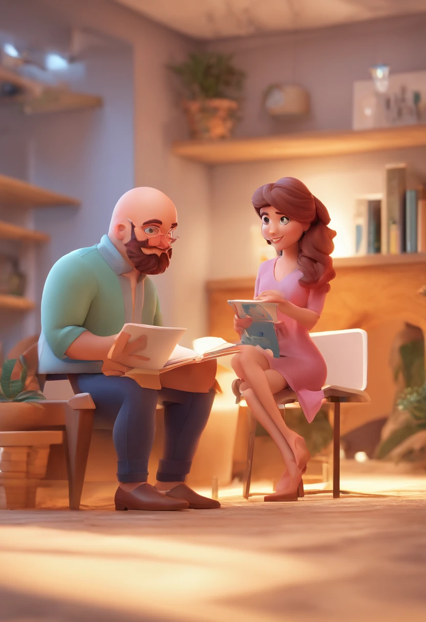 An illustration of an adorable couple, Destacando um homem e uma mulher com beleza, Expressive eyes – the man's hair is bald and brown and he has a full beard, While the woman's hair is tied up in a bun and blonde. They are a bright space, Todos com um sorriso no rosto, e compartilhe um momento especial, That is marked by love, viagem, and pedagogical insights. Ilustre esta cena a partir de uma perspectiva, where they're facing away from the camera, Show Your Connection. Desenvolva esta arte em Full HD, Focus on your cinematic touch, Estilo Disney Pixar Animations