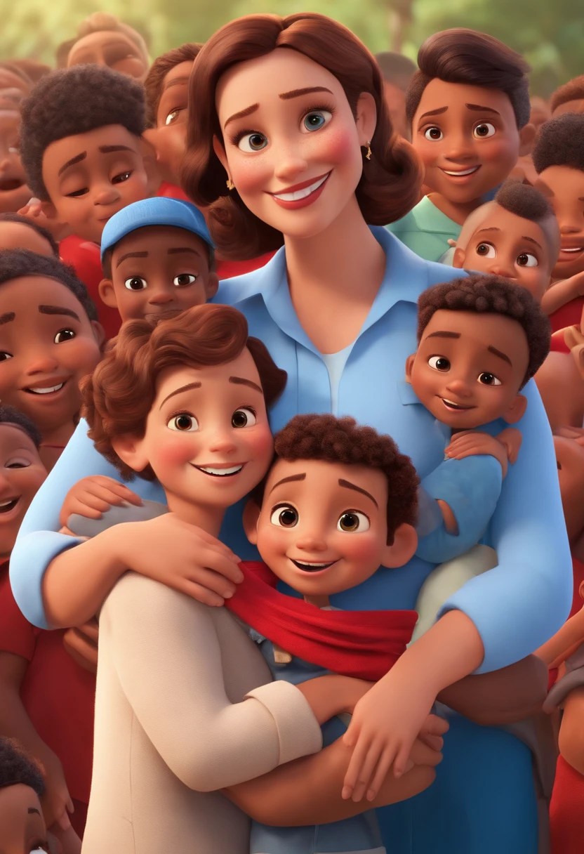 Character Dianey Pixar Friendly Politician 38 Years Old Smiling Brown Shaved Hair Hugging Children in Blue Shirt and Red Scarf with Population Holding Banner Written Bruno Strap in Blue and Red. feliz de fundo.