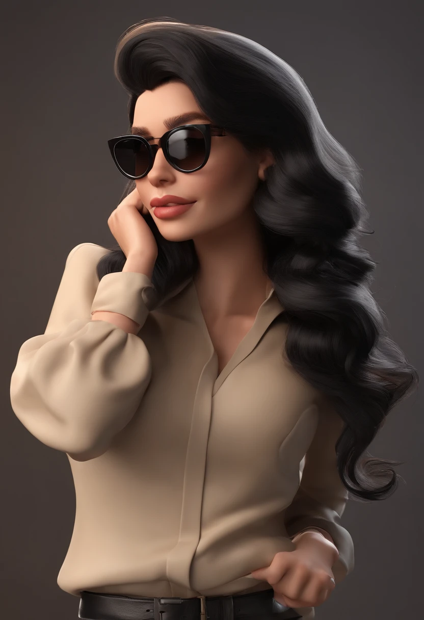 Personagem de desenho animado de uma mulher gordinha com cabelo loiro, usando um coque no cabelo, segurando um microfone, wearing black glasses, uma jaqueta preta, uma camisa cinza, um personagem animado, Caractere estilizado, animation style rendering, 3d estilizado, Arnold Maya render , 3d stylized rendering, toon render keyshot, Personagem 3D, Personagem 3D, stylized 3d rendering, 3D character rendering, personagem de desenho animado, closeup character, Pose do personagem, (Estilo Pixar) (master part:1.2) (Bokeh) (melhor qualidade) (pele detalhada) (textura detalhada) (8k) (argila) (Cinematic lighting) (foco nítido，Senta-se e vaza parte superior do corpo