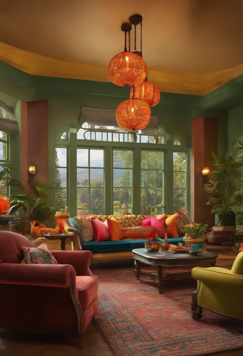 loja grande de sofas varias cores com predios em volta e pessoas efeito disney pixar 3d