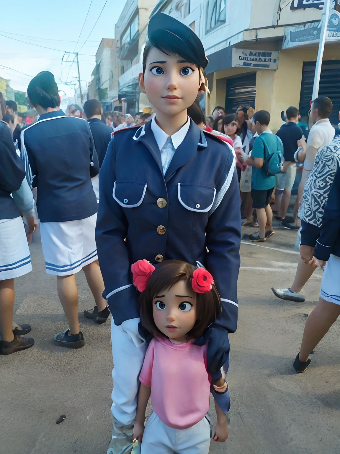 Teenage girl hugged with child in crowd