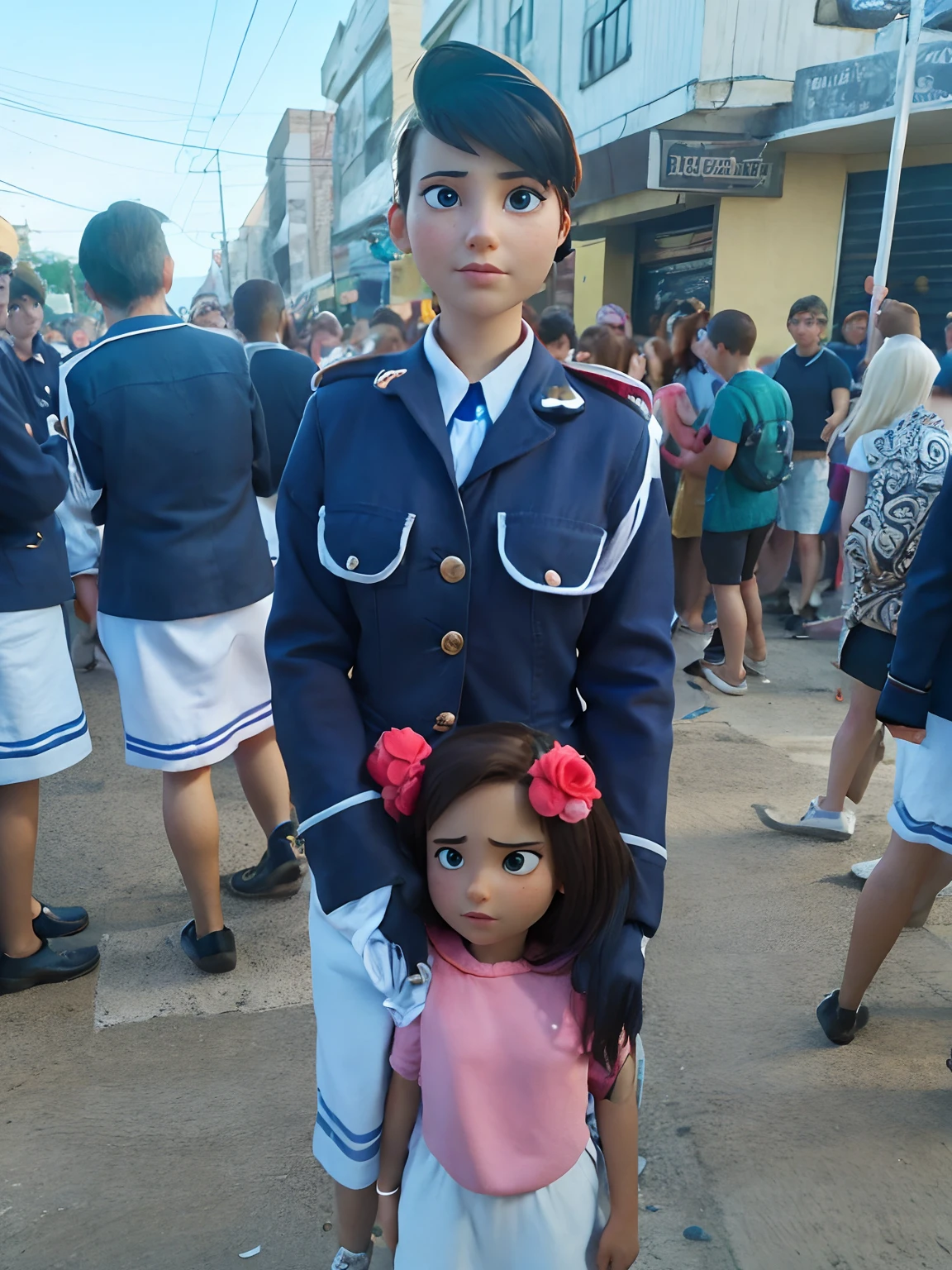 Teenage girl hugged with child in crowd