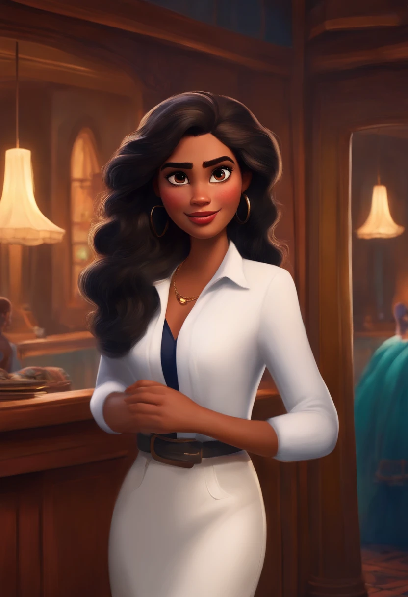 Post Disney Pixar. The person is a beautiful young woman, cabelo preto medio liso ondulado, olhos castanho, morena, Dressed in a white blouse and blaiser in Marçala