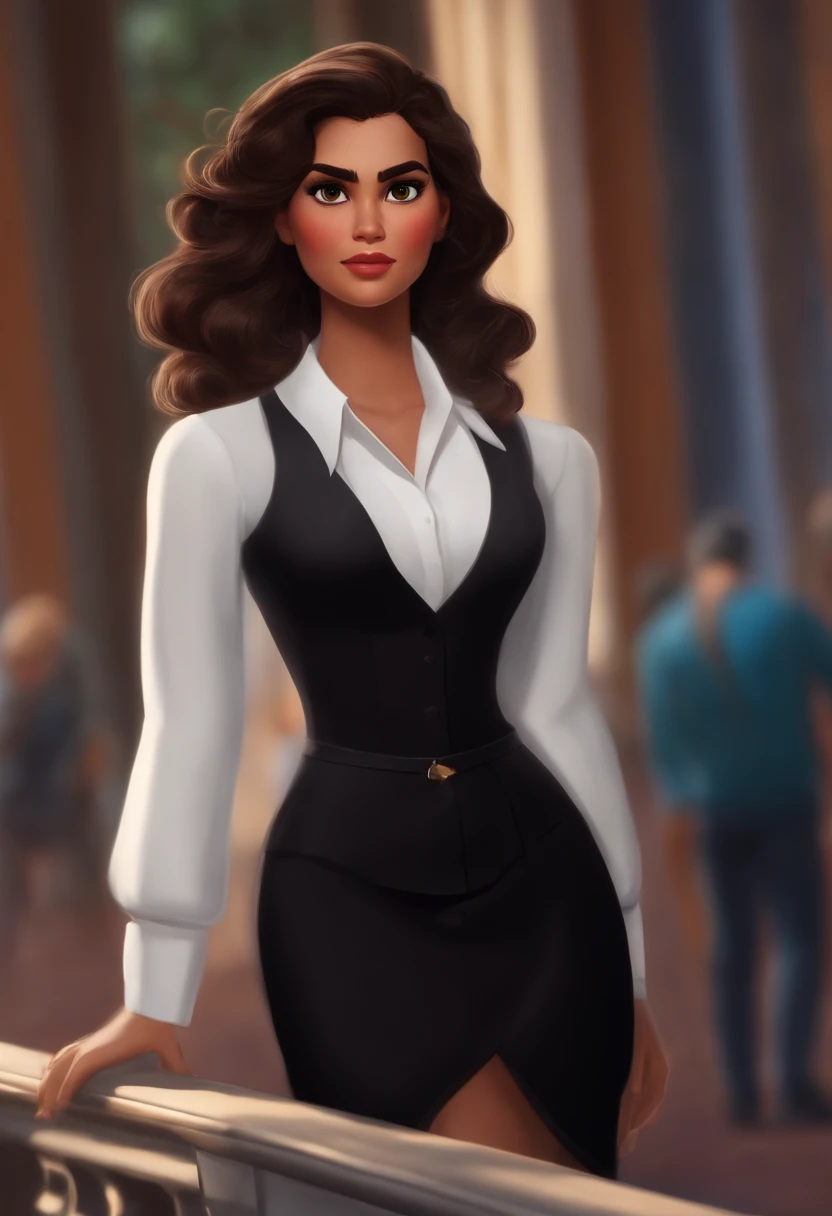Post Disney Pixar. The person is a beautiful young woman, cabelo preto medio liso ondulado, olhos castanho, morena, Dressed in a white blouse and blaiser in Marçala