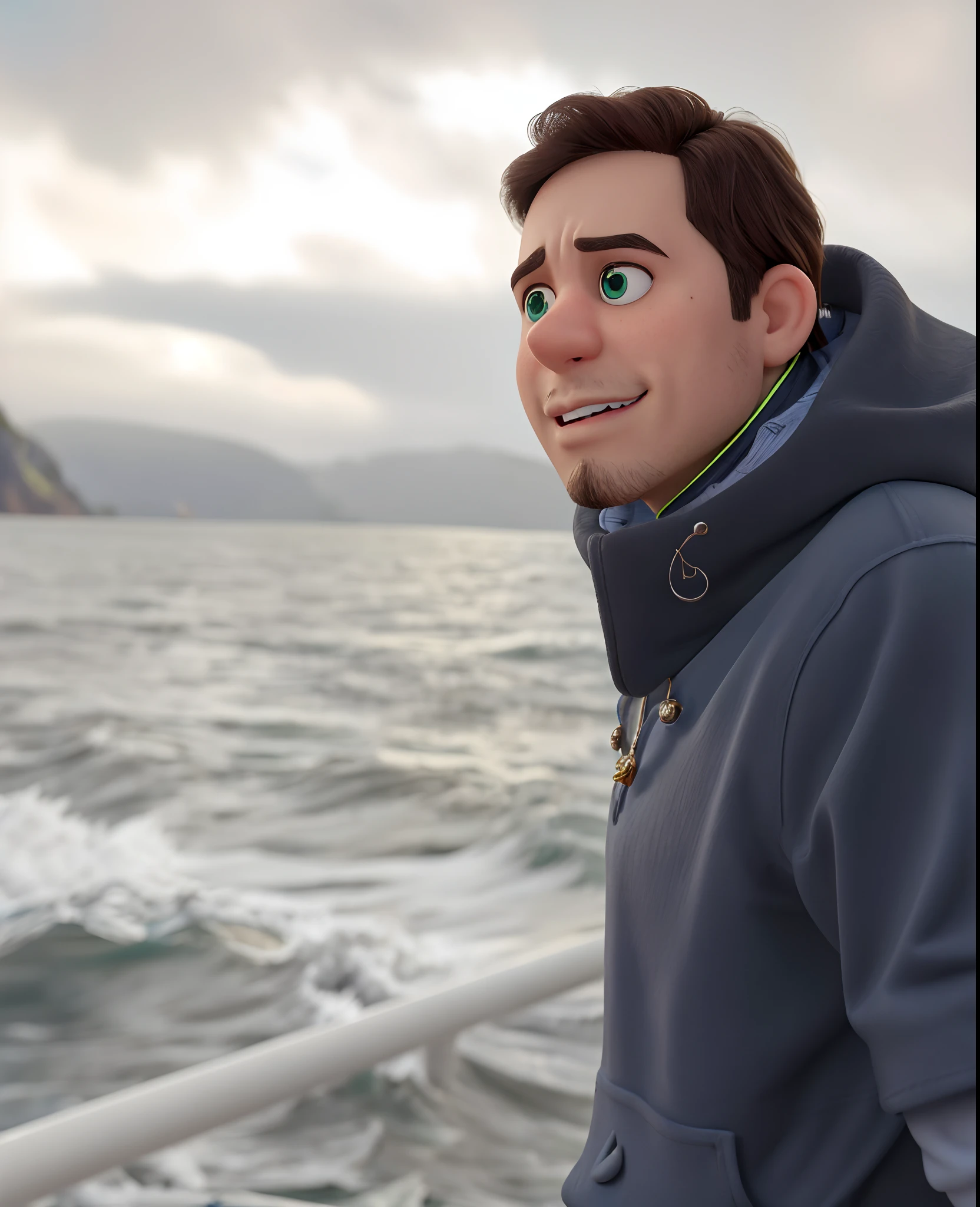 homem jovem no estilo disney pixar, branco, de olhos verdes, em um fundo de mar e montanhas, alta qualidade, melhor qualidade
