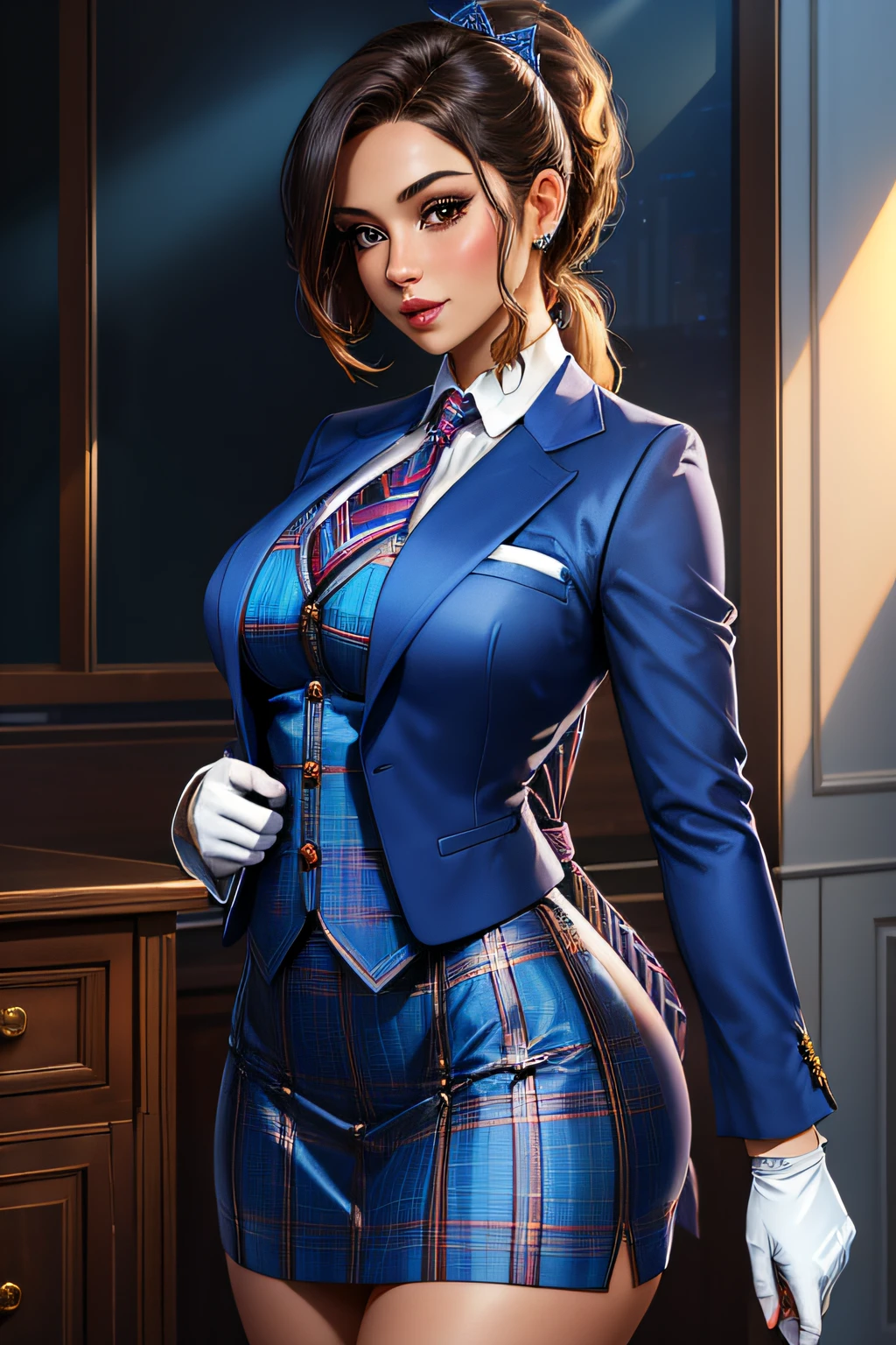 masterpiece, best quality, 1girl, skirt suit, (((three piece suit))), blue plaid suit, necktie, waistcoat, bodycon skirt, short, shortstack, tail, bushy tail, makeup, tie clip, white gloves, ponytail, normal breast