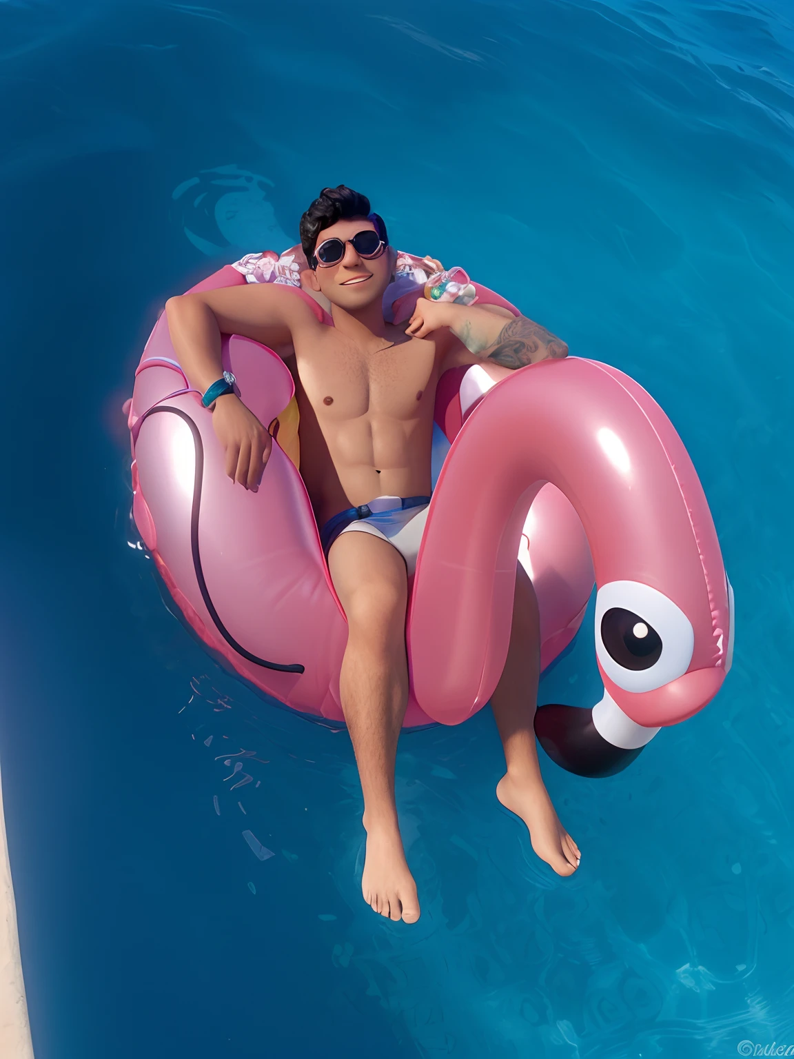 rapaz, inspirado na Disney Pixar, Inspirado pelo pastor ( Rubens Janeiro ) A black-haired boy wearing glasses on a flamingo float with sunglasses sunbathing