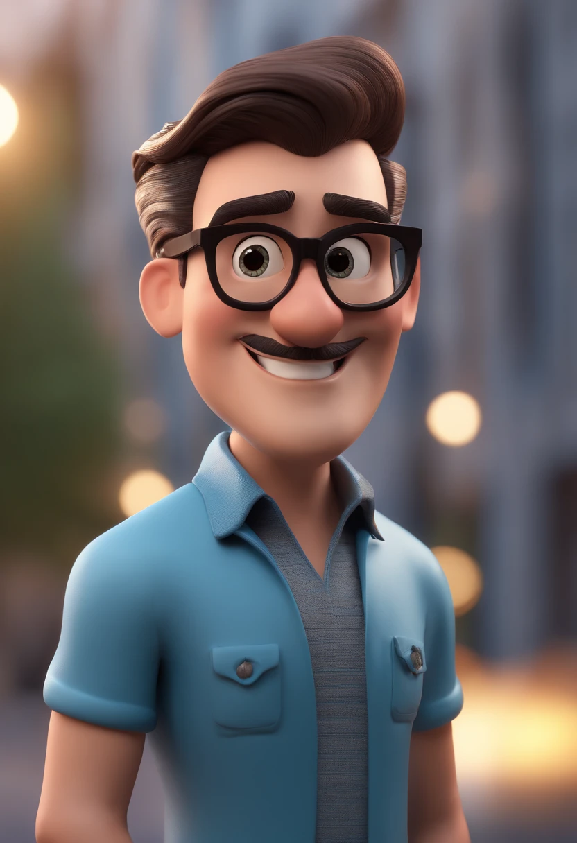 Cartoon character of a man with black glasses and a blue shirt, animation character, Caractere estilizado, animation style rendering, 3D estilizado, Arnold Maya render, 3 d render stylized, toon render keyshot, Personagem 3D, Personagem 3D, 3d rendering stylized, 3 d character render, personagem de desenho animado, Personagem de close up, Pose de personagem, (Estilo Pixar) (master part:1.2) (Bokeh) (best quality) (pele detalhada) (textura detalhada) (8k) (argila) (Cinematic lighting) (foco nítido