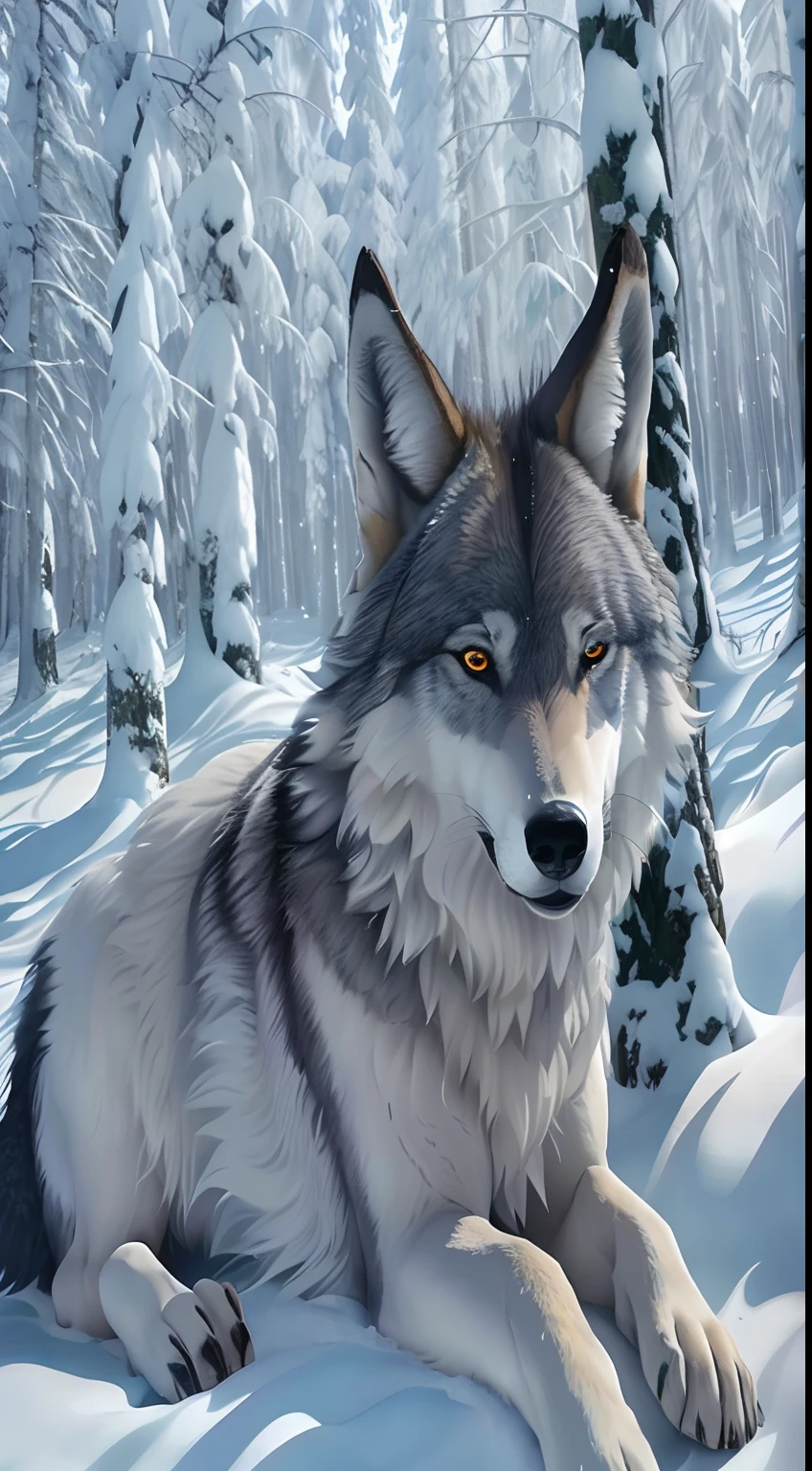 there is a wolf that is laying down in the snow, Lobo em um campo de neve, lobo peludo, grande lobo, lobo, foto de lobo, retrato do lobo da fantasia, companheiro lobo, lone wolf, Angielobo, lobo branco, retrato do lobo, Wolp, anthropomorphic wolf, Ele tem olhos de lobo amarelos, lobo, Lobo branco com olhos azuis