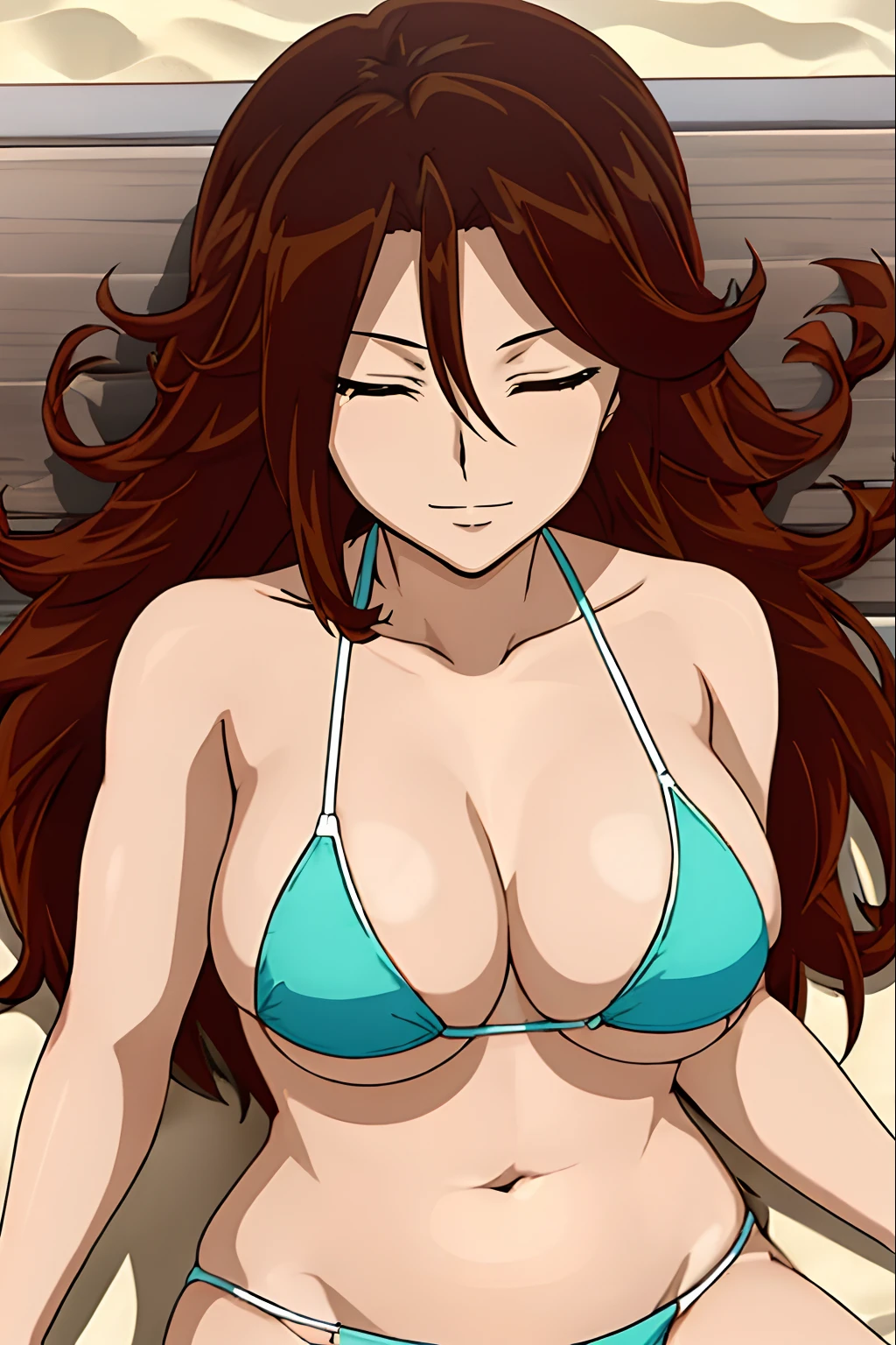 Elegant lady, anime style: 1.8, anime drawing, ultra detailed face, ultra detailed body, 4k, Sumergai Lee Noriega, ((sleeping at beach), closed eyes), best quality, anime style, hires, highest definition, digital blending, bold drawing lines, (), ( slim body, (little biceps), , off-shoulders, closed fists, (curvy: 2.8)), ((broken bikini, (chaps))), gentle, (pale skin, shiny skin, big breasts, smile), (big eyes, brown eyes), (brown hair, loose hair), 27 years old,