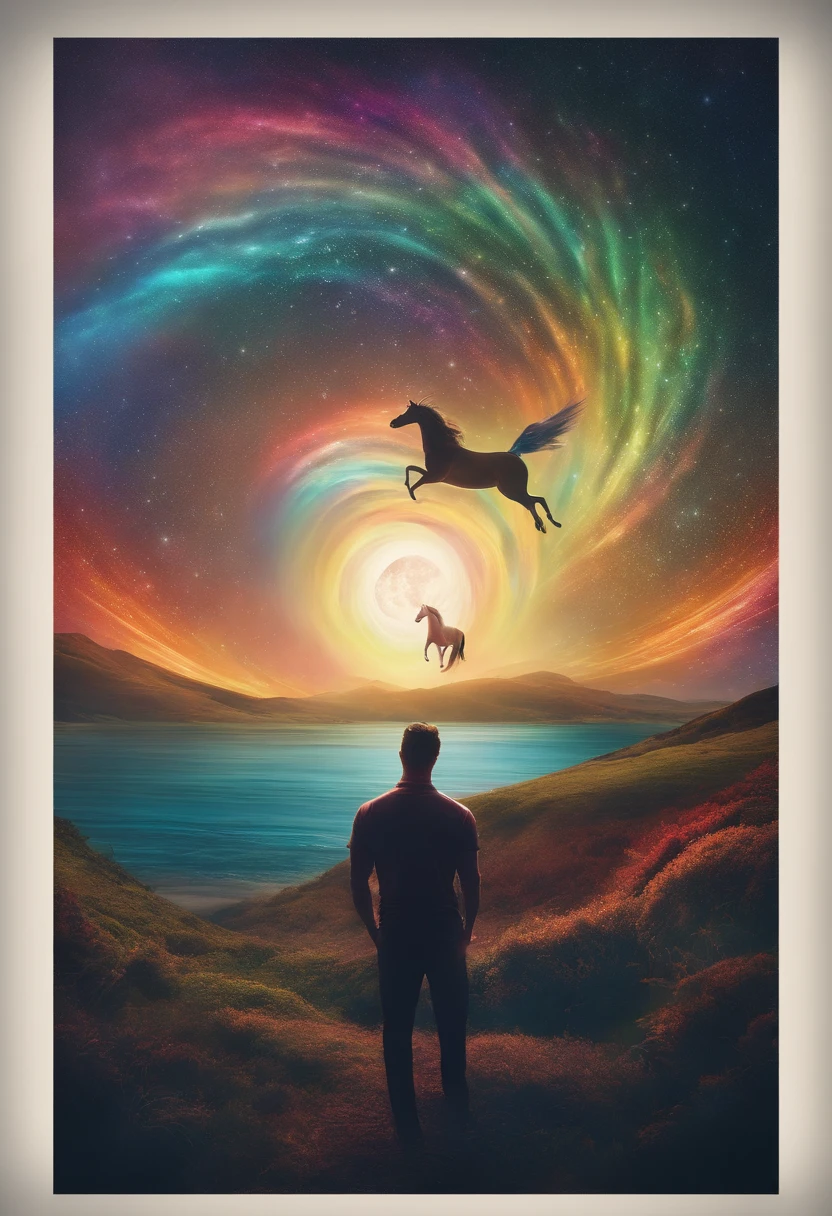 master part, Necessidade do Bem, 1 Homem, adulto, mulher madura, Tall-muscled man, tema escuro, magical array, Bolhas, rainbow light, underwater, espelho, Folhas de vidro flutuantes, rainbow light, Redemoinho de Bolhas, wind vortex, aurora, paisagem de fantasia, Luz das estrelas ao redor do personagem, (parte superior do corpo), Nu na parte superior do corpo, with a unicorn tattoo