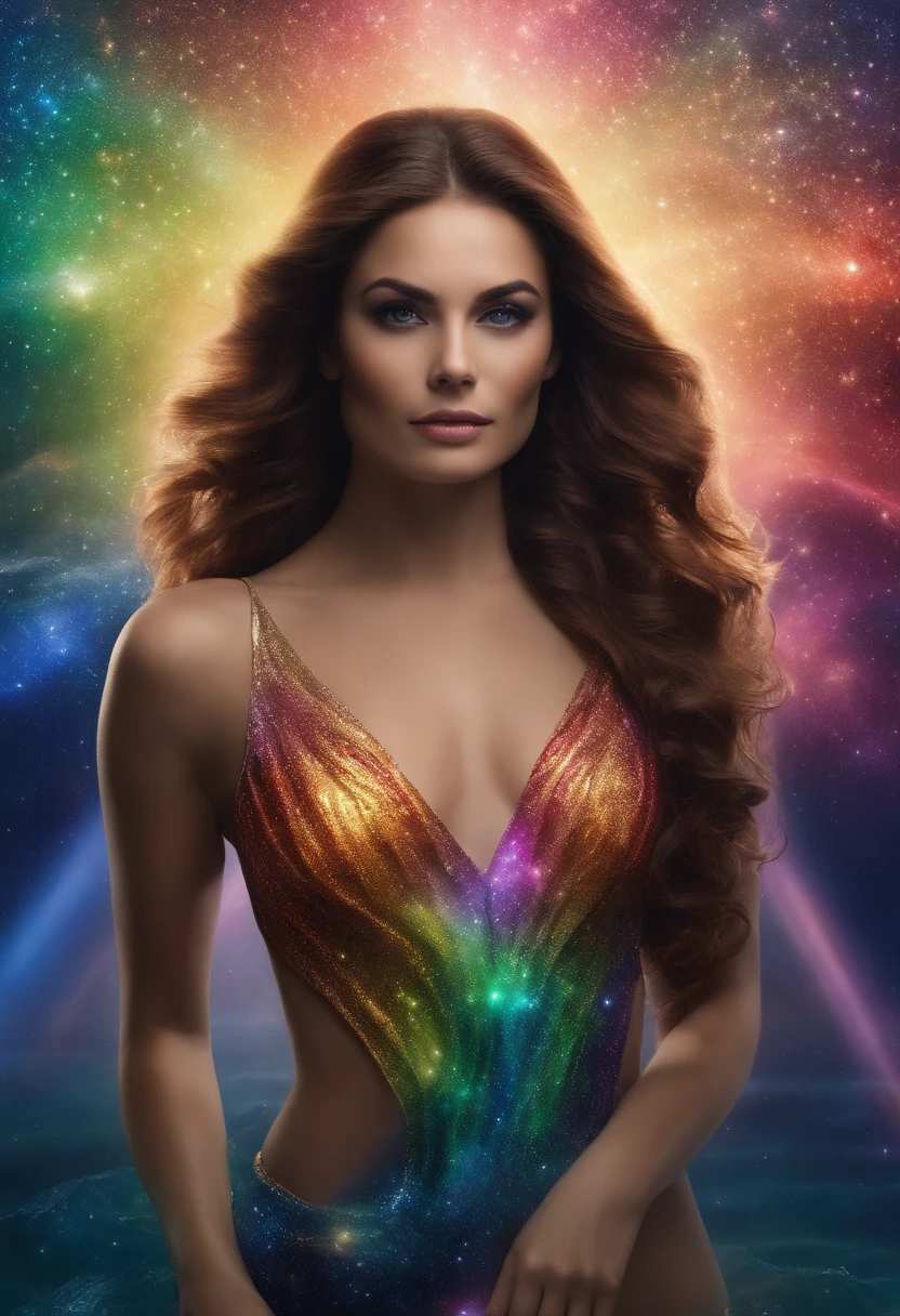 master part, Necessidade do Bem, 1 Homem, adulto, mulher madura, Tall-muscled man, tema escuro, magical array, Bolhas, rainbow light, underwater, espelho, Folhas de vidro flutuantes, rainbow light, Redemoinho de Bolhas, wind vortex, aurora, paisagem de fantasia, Luz das estrelas ao redor do personagem, (parte superior do corpo), Nu na parte superior do corpo, with a unicorn tattoo