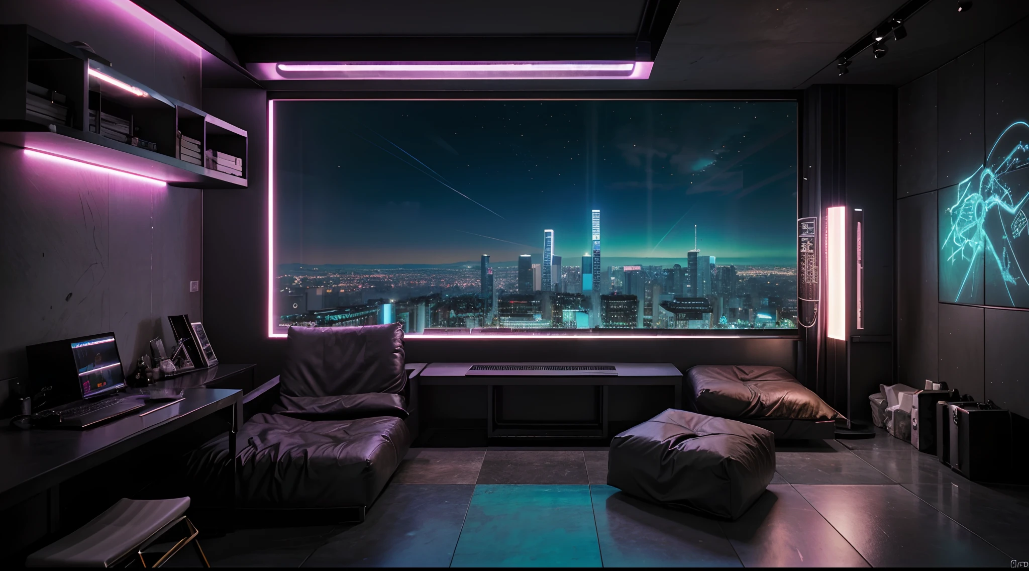 La mejor calidad de imagen, Obra maestra, Ultra-high resolution, (Fidelidad:1.4), Foto, movie, ((Perssonage Cyber Punk)), Cyber Team, futuristic, ((Fotos ultrarrealistas galardonadas)),(Hiperdetalle),(Detalles complicados),(high resolution CGI artwork 8k),Sala de estar cyberpunk futurista/Dormitorios/Cocinas/balcony,Paisaje urbano cyberpunk detallado。Estilo futurista,Hay muchos colores y luces LED。El paisaje urbano debe ser muy detallado,Profundidad de campos。Create depth with atmospheric lighting,Lente gran angular que muestra habitaciones y ventanas。use atmospheric and volumetric lighting to enhance the cityscape details。The room should be illuminated by the neon lights from the cityscape, Fondo de color con textura pastel, colorido, Vibrante