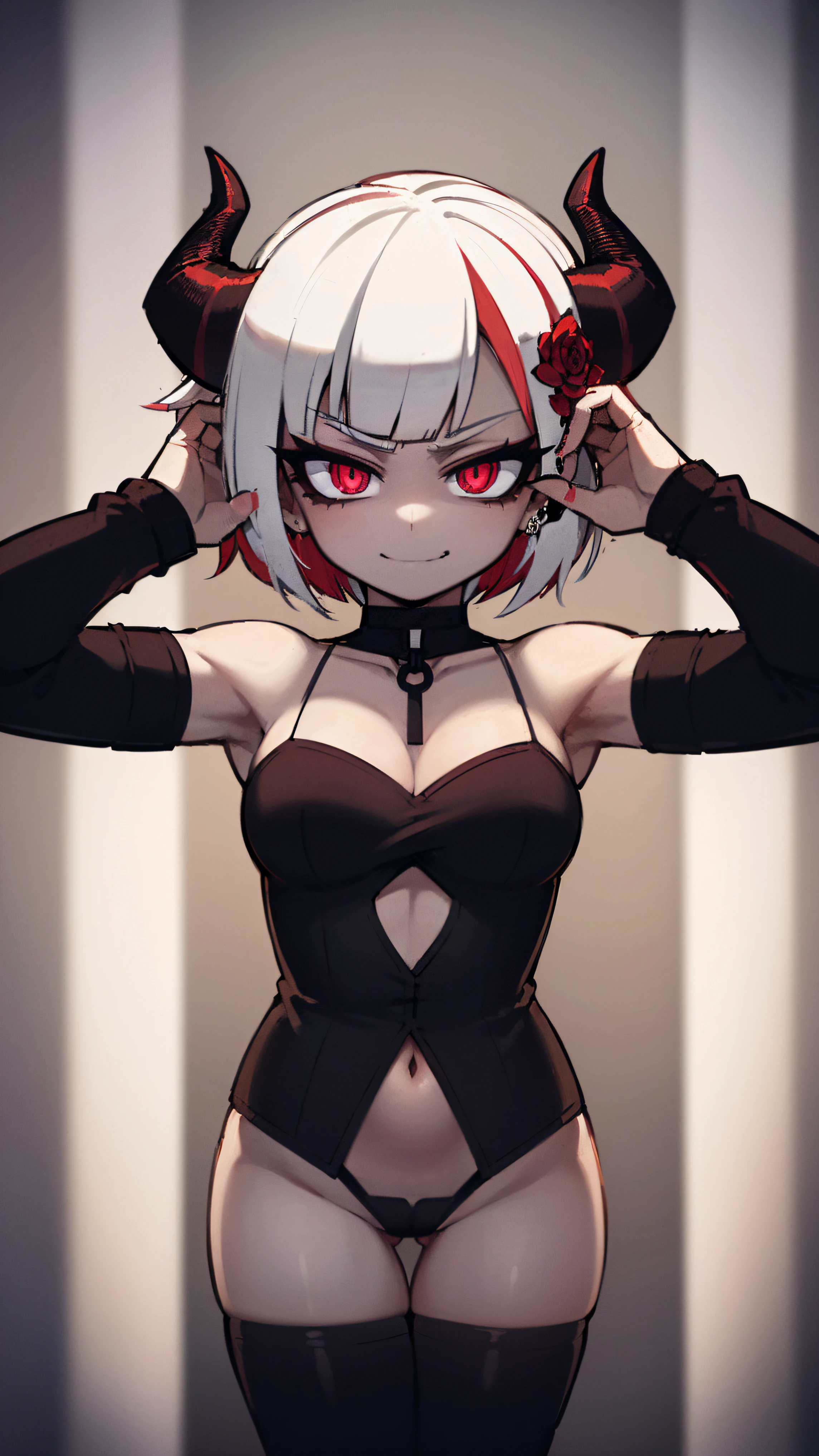 BLACKLIGHT, ((NSFW)), ((Small Boobs)), realistic art, extremely delicate and beautiful, ultra-detailed, (1girl), ((Red eyes)), floating, detailed light, illustration, dynamic angle, depth of field, ((((milf)))), girly, ((Red and White hair, multicoloured hair, Red highlights hair, (Ponytail), hair ornament, hair flower, flower, makeup, braid, smile)), demon eyes, fangs, pale white skin, (((best quality, 1girl, (skindentation), (blur background:0.6), (casual yet stylish, ((Demon Horns)), ), gorgeous, (short hair:1.5), soft lighting, wind, (front light:1.5), surprised, choker, smile, jewelry, earrings))), (ultra high res, best quality,), (8k, raw photo, best quality, masterpiece), technological sense, best quality, masterpiece, illustration,CG ,unity ,wallpaper, official art, Amazing, finely detail, an extremely delicate and beautiful,extremely detailed, highly detailed, sharp focus,rich background, (real person,photograph), ((high detailed skin)), ((( , (crazy eyes:1.3), (wide-eyed:1.2), (glowing eyes), (Demon) ))), (((a close up of a person with a weird face and nails, gothic maiden anime girl, gothic - cyberpunk, cyberpunk horror style, gothic art style, detailed digital anime art, gothic art, demon anime girl, gothic girl face, anime style 4 k, dark art style, anime cyberpunk art, gothic aesthetic, 1 7 - year - old anime goth girl, gothic horror vibes)))