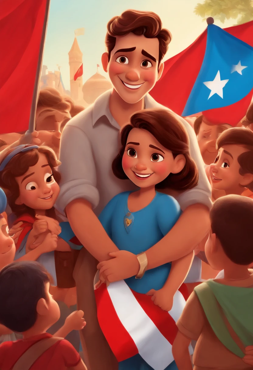 Disney Pixar Character Politician 38 Years Old Smiling Shaved Brown Hair Hugging Children Blue Shirt and Red Scarf with Population Holding Written Flag Bruno Correia in Blue and Red happy background.