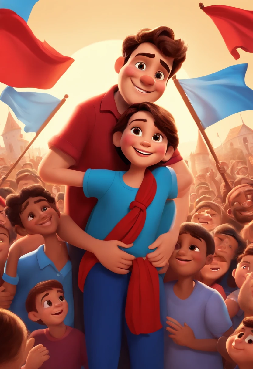 Disney Pixar Character Politician 38 Years Old Smiling Shaved Brown Hair Hugging Children Blue Shirt and Red Scarf with Population Holding Written Flag Bruno Correia in Blue and Red happy background.