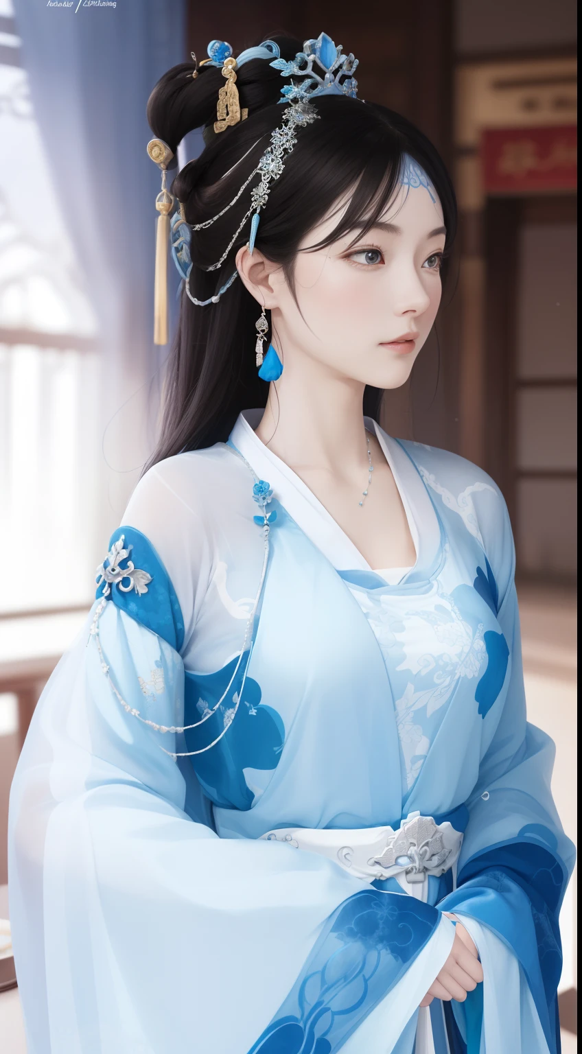 a close up of a woman in a blue dress with a tia, palace ， a girl in hanfu, beautiful character painting, ((a beautiful fantasy empress)), a beautiful fantasy empress, ancient chinese princess, wearing ancient chinese clothes, beautiful anime woman, beautiful alluring anime woman, hanfu, full body xianxia, white hanfu, beautiful anime girl,8k realistic anime version, highly defined realistic anime version,3d style,8k style, highly defined,high quality.