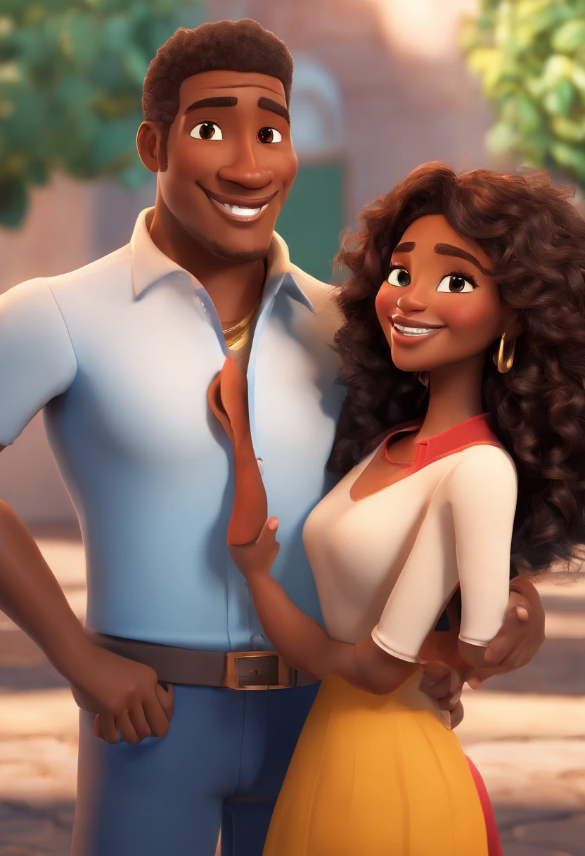 An illustration of an adorable couple, Highlighting a white man and a black woman with beautiful expressive eyes – the man's skin is white and the man's hair is straight and black, while the woman's skin is black and the woman's hair is straight and brown. They are a bright room, cada um com um sorriso no rosto, e compartilhar um momento especial caracterizado pelo amor, Insights. Illustrate this scene from a perspective where they are facing the camera, Smiling and Showing Your Connection. Desenvolva esta arte em Full HD, Focus on your cinematic touch, Estilo Disney Pixar Animations