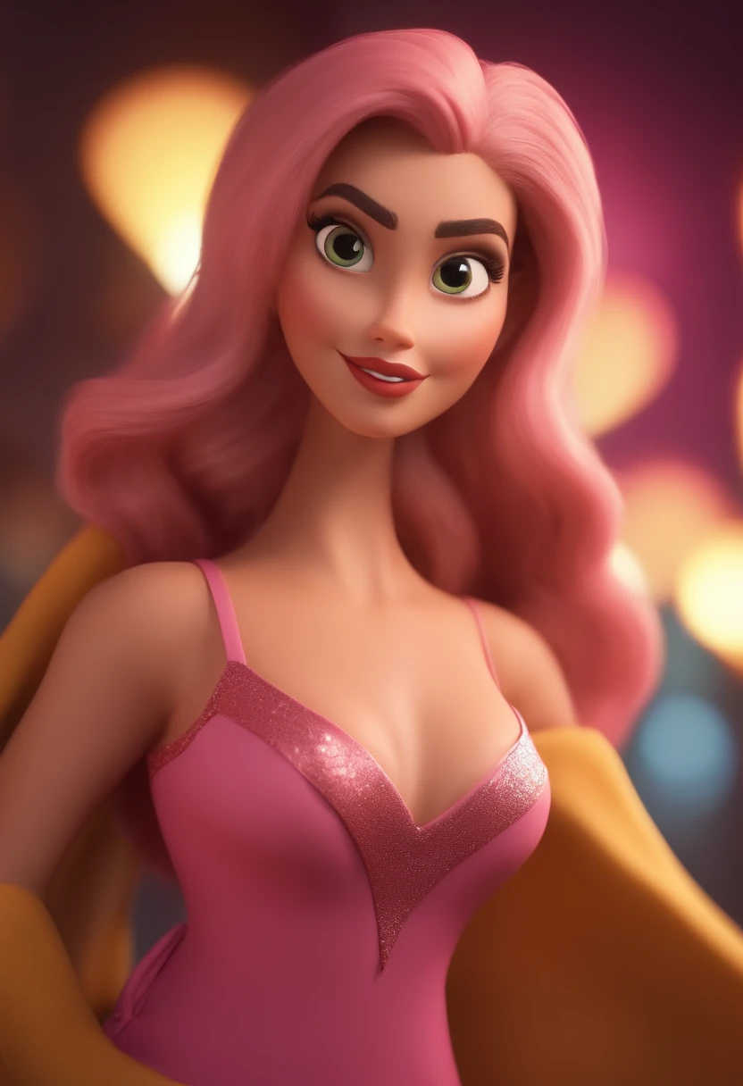 Uma personagem loira, com cabelos loiros e no ombro, olhos verdescom um fundo rosa, um personagem animado, Caractere estilizado, animation style rendering, 3D estilizado, Arnold Maya render, 3 d render stylized, toon render keyshot, Personagem 3D, Personagem 3D, 3d rendering stylized, 3 d character render, personagem de desenho animado, Personagem de close up, Pose de personagem, (Estilo Pixar) (master part:1.2) (Bokeh) (best quality) (pele detalhada) (textura detalhada) (8k) (argila) (Cinematic lighting) (foco nítido，Senta e vaza a parte superior do corpo