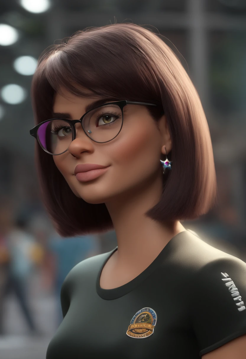 Cartoon character of a woman with lilac glasses and a black shirt, All Star Sweatpants & sneaker, cabelo curto Pixie CUT cacheado e grisalho,fofinha,boca carnuda,olhos mel,animation character, Caractere estilizado, animation style rendering, 3D estilizado, Arnold Maya render, 3 d render stylized, toon render keyshot, Personagem 3D, Personagem 3D, 3d rendering stylized, 3 d character render, personagem de desenho animado, Personagem de close up, Pose de personagem, (Estilo Pixar) (master part:1.2) (Bokeh) (best quality) (pele detalhada) (textura detalhada) (8k) (argila) (Cinematic lighting) (foco nítido