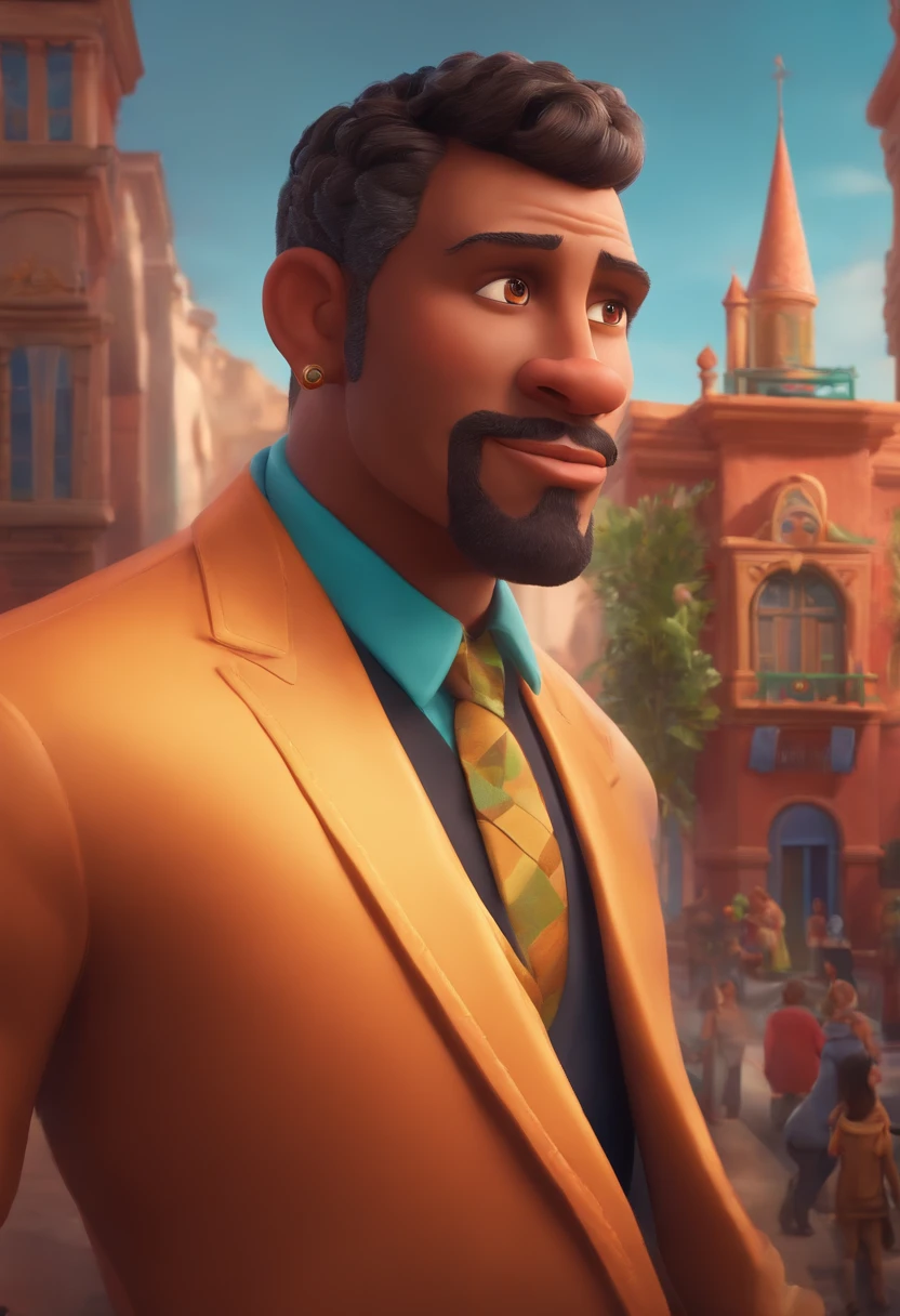 A city councilman looking at a dream project inspired by Pixar animation, de perto. The character takes center stage with captivating facial expressions, oferecendo um toque de irrealidade