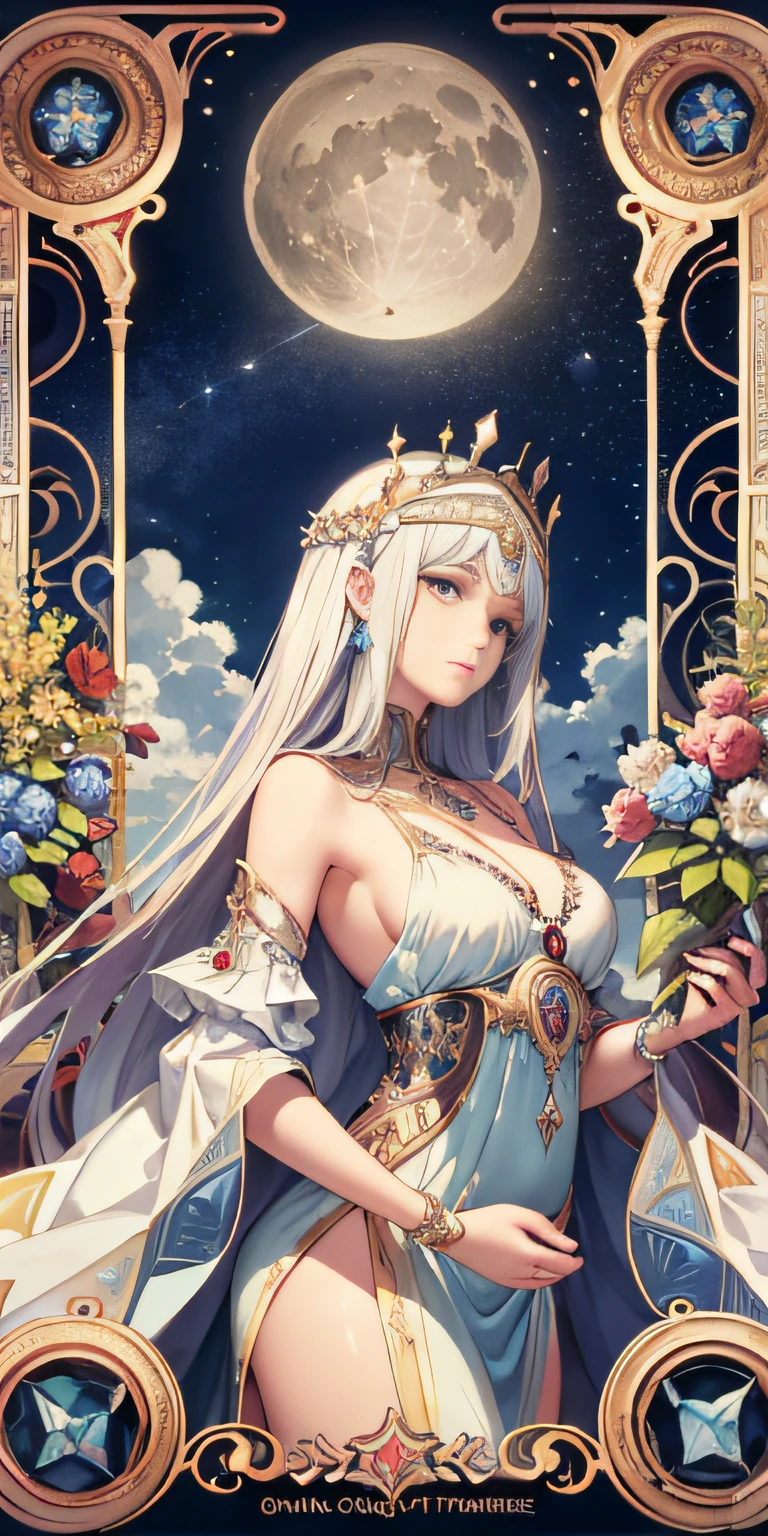 European woman, full bodyesbian, Flower frame,A Queen of the Nigh, Decorative panels, abstract artistic, Alphonse Mucha (tmasterpiece, best qualtiy, A high resolution: 1.4), A detailed, Complicated details, 4K, Color splattering, Line art, Fibonacci, starrysky, natta, exteriors, Clouds, Reflectors, Eau, magick, (tarot cards),Cards, ((beautiful Sapphire crystal star)) buliding, palaces, Patterned, Sumeru, Clouds, themoon, hight resolution,