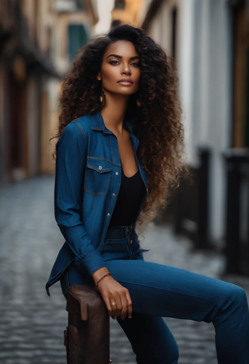 Uma mulher personagem de desenho, cabelo preto, camisa azul , Denim Jeans Pants , trabalhando na mais festas artigos para festa e embalagem