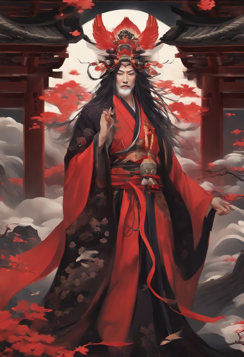 Man, Tengu, Onmyoji, Bird's beak, desgrenhado, cabelos grisalhos, Penas brancas, asas longas, pupilas roxas, quimono, japanesepopartstyle, fundo simples