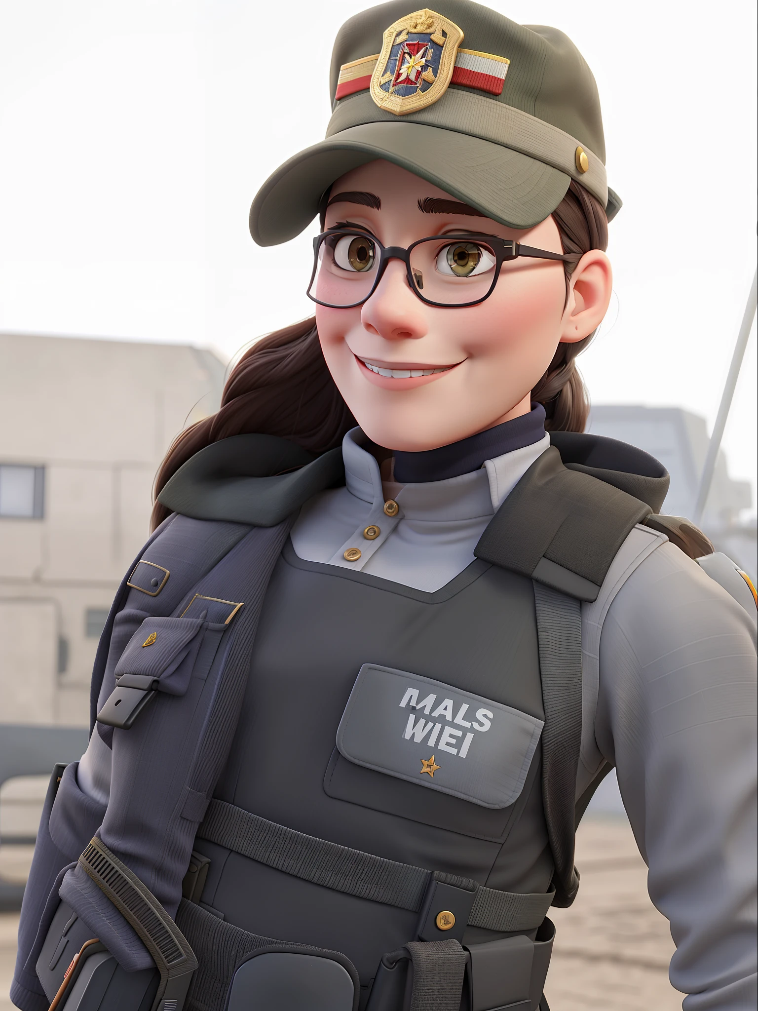 Brunette woman with glasses, long hair, smiling, military uniform with vests and functional weaponry