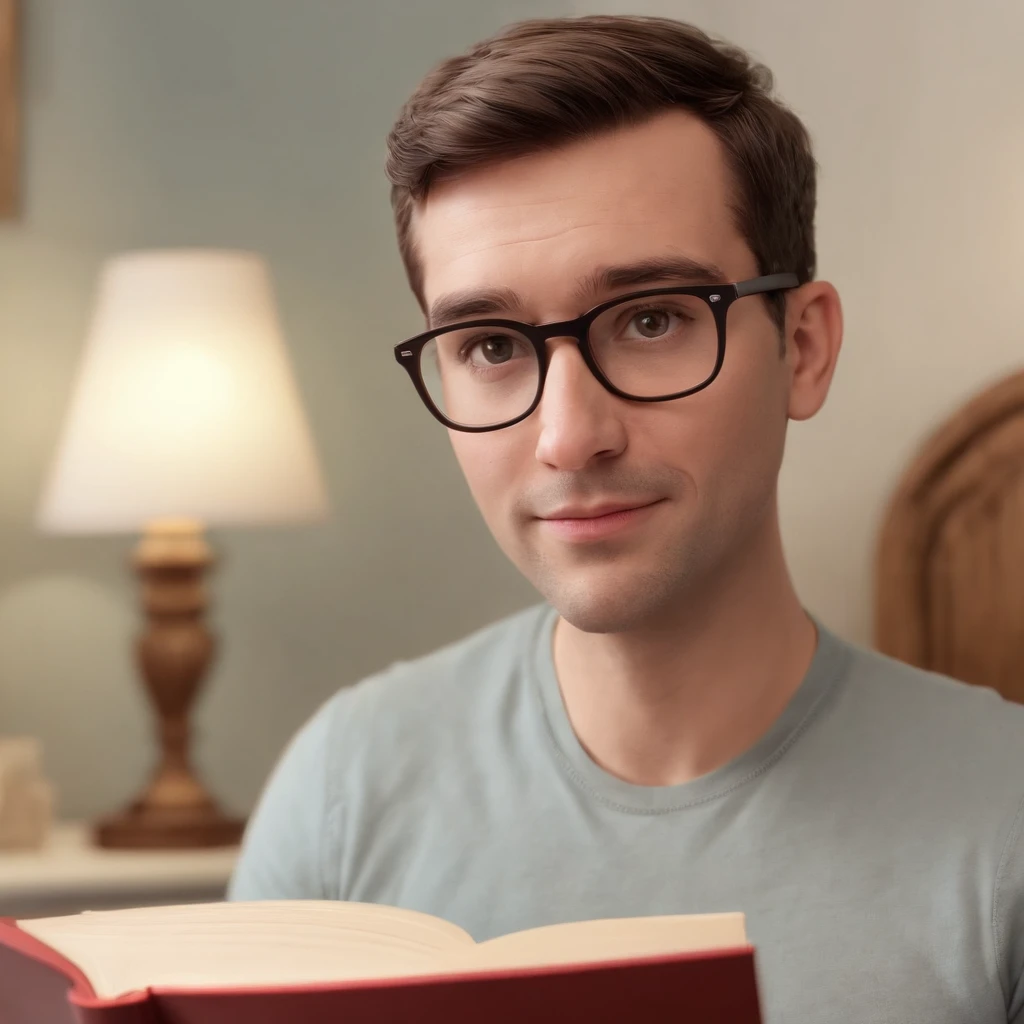 fundo branco, pixar desenhos animados 3D, homem lendo um livro, ::estilo pixar cartoon