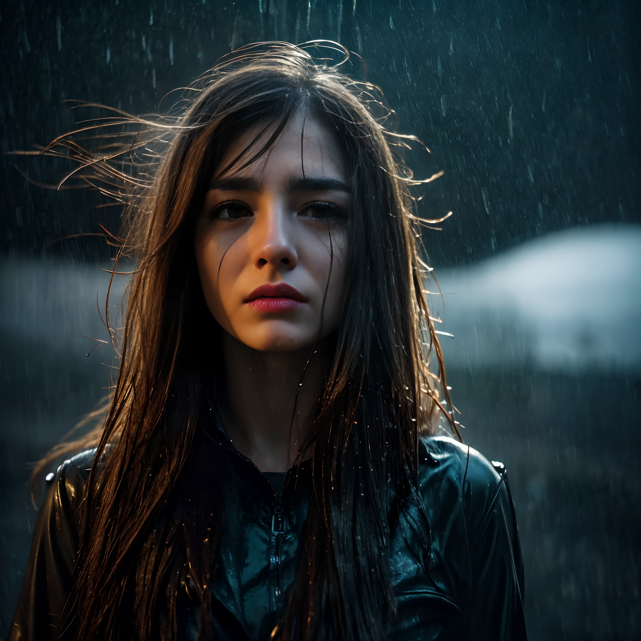 (brown hair,streaked hair,mole under eye,cat ears,crying,atmospheric perspective,8k,super detail,dark lighting,best quality,heavy rain),vivid colors,ultra-detailed,emotionally intense,portraits,dramatic,soft focus,expressive,facial features,emotional lighting,meticulously rendered,stormy weather,moody ambiance,reflection,teardrops,hair strands,drenched,emotionally charged,contrast,teary eyes,ethereal atmosphere,water droplets,subtle shadows,dynamic composition,dramatic movement,wet surfaces,deep emotions,rich textures,intense rainstorm,organic elements,glowing highlights,water-soaked,vulnerable expression,depth and dimension