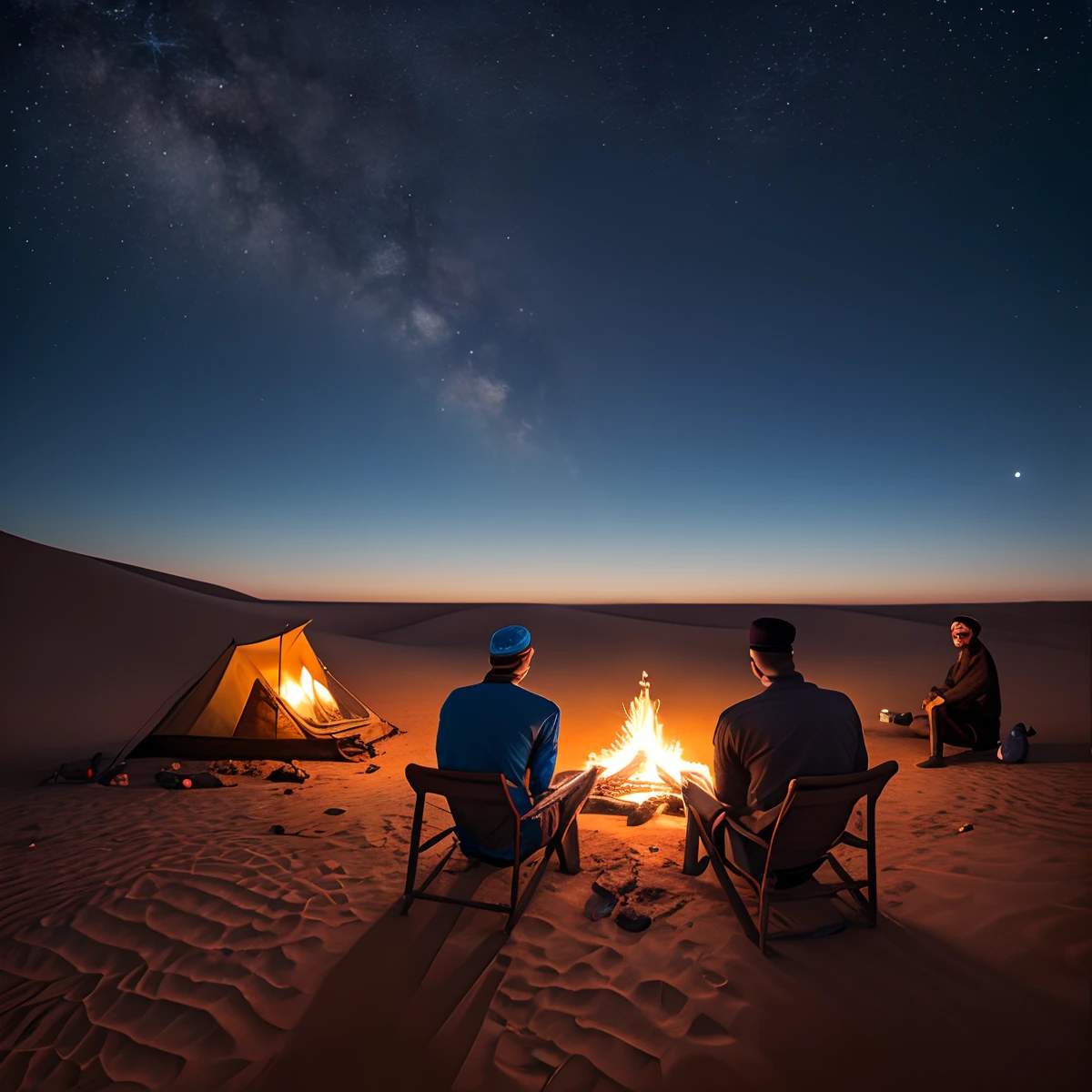 3 Arabs in the Sahara Desert at night sitting by the campfire watching the stars and 2 Nissan patrol safari cars parked next to them Ultra high res.photorealistic:.1.4,UHD iPhone 14 camera quality