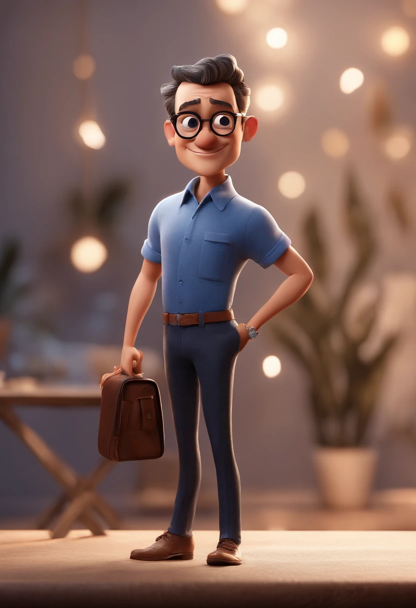 Cartoon character of a man with black glasses and a blue shirt, animation character, Caractere estilizado, animation style rendering, 3D estilizado, Arnold Maya render, 3 d render stylized, toon render keyshot, Personagem 3D, Personagem 3D, 3d rendering stylized, 3 d character render, personagem de desenho animado, Personagem de close up, Pose de personagem, (Estilo Pixar) (master part:1.2) (Bokeh) (best quality) (pele detalhada) (textura detalhada) (8k) (argila) (Cinematic lighting) (foco nítido