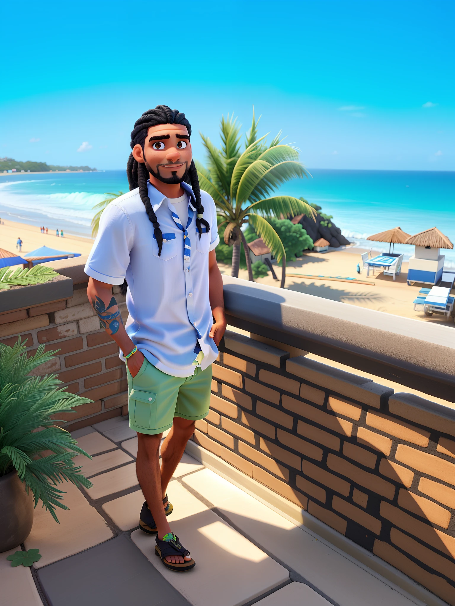 Homem brasileira, cabelo dread preto solto. Na frente, praia com ceu azul ao fundo