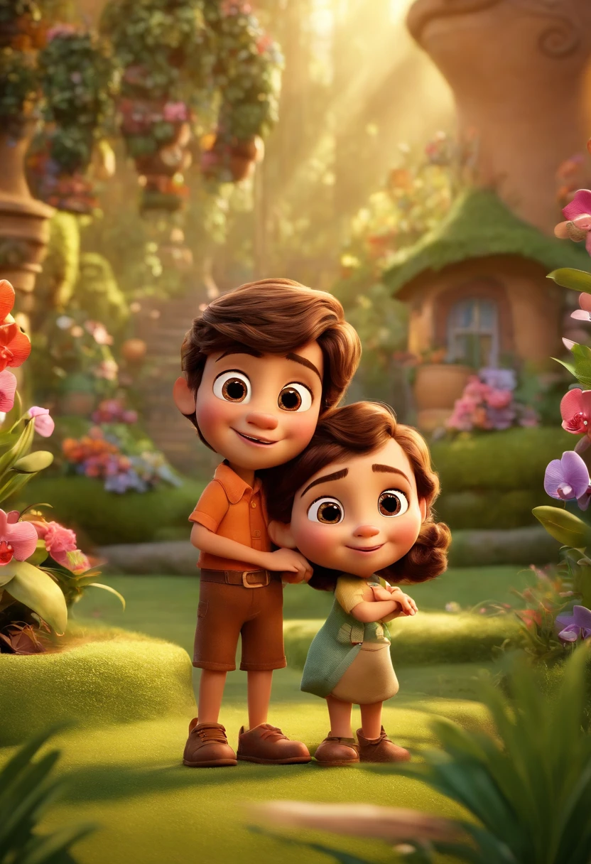 Create a Disney PIXAR-style 3D poster. ((centro da imagem, casal)), ((2 )) ((1 menino de 10 anos e 1 menina ao lado de 4 anos, They're hugging each other, O menino tem pele castanha e cabelos castanhos escuros e olhos castanhos escuros, 1 menina tem pele clara, olhos e cabelos escuros e cacheados,)) ((tudo isso no estilo PIXAR 3D, In the background, An orchid house, Gloria Studio, The garden is full of nature 3D render RTX clay material, estilo de design cartunesco, POP Mart, soft lighting, linhas suaves, Spring tilt, Detailed illustrations of PIXAR 3D, Detalhes hiper-realistas, cor quente no estilo Disney PIXAR 3D))