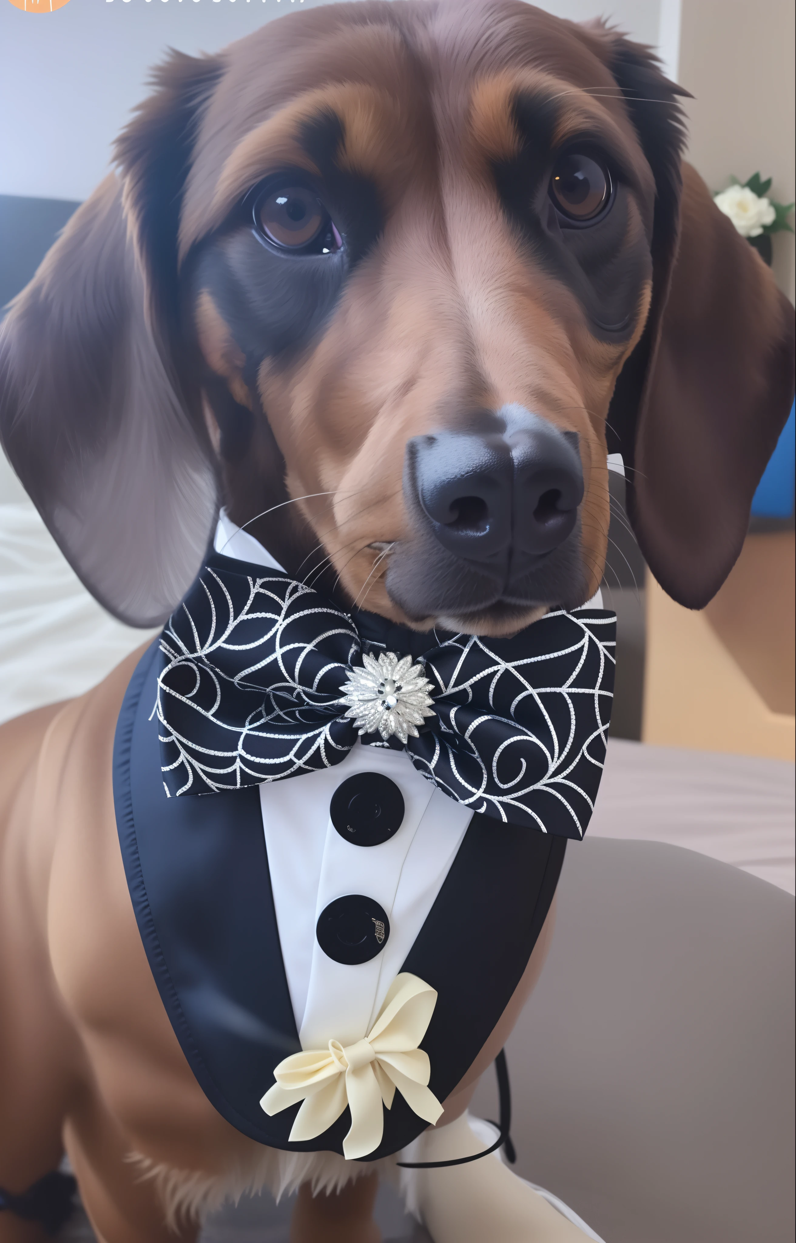 There's a dog that's wearing a bow tie and a bow tie, ele parece muito sofisticado, gravata preta, bonito e elegante, elegante, em um vestido extravagante, gravata borboleta, bowtie, usando um smoking, traje formal, bem - vestido, smoking, usando smoking, usando roupas extravagantes, Em um estilo de Halloween, elegantemente vestido, um bonito, desgaste formal
