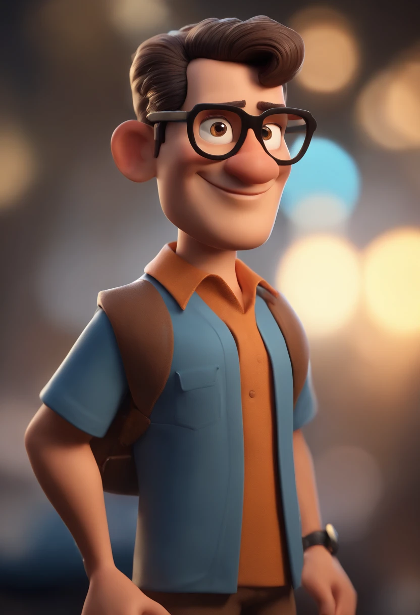 Cartoon character of a man with black glasses, cabelo cacheado marrom escuro e uma camisa azul, animation character, Caractere estilizado, animation style rendering, 3D estilizado, Arnold Maya render, 3 d render stylized, toon render keyshot, Personagem 3D, Personagem 3D, 3d rendering stylized, 3 d character render, personagem de desenho animado, Personagem de close up, Pose de personagem,  (Estilo Pixar) (master part:1.2) (Bokeh) (best quality) (pele detalhada) (textura detalhada) (8k) (argila) (Cinematic lighting) (foco nítido