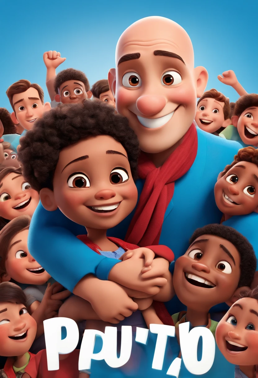 Disney Pixar Character Man Politician 38 Years Old Smiling Bald Hair with Tuft Shaved Brown Hugging Children Blue Shirt and Red Scarf with Population Holding Poster with Bruno Correia Name on Blue and Red Happy Background.