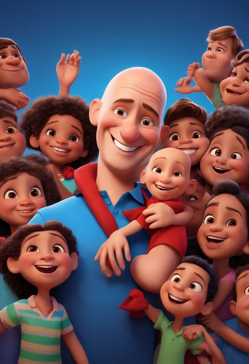 Disney Pixar Character Man Politician 38 Years Old Smiling Bald Hair with Tuft Shaved Brown Hugging Children Blue Shirt and Red Scarf with Population Holding Poster with Bruno Correia Name on Blue and Red Happy Background.