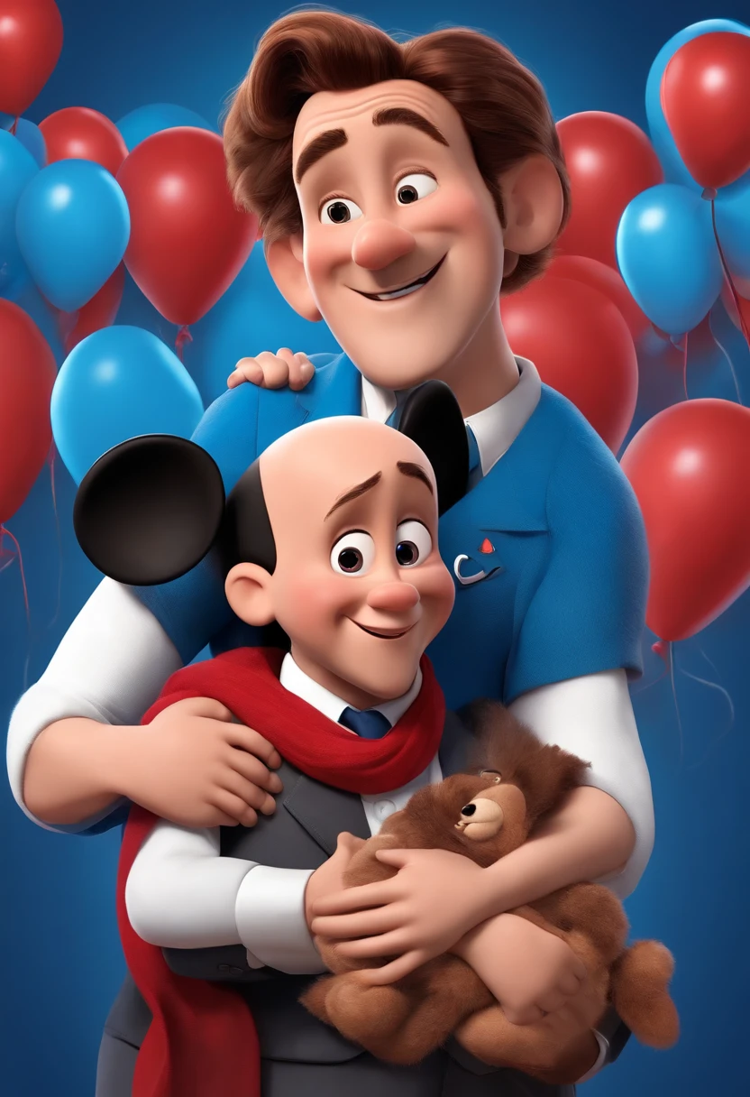 Disney Pixar Character Man Politician 38 Years Old Smiling Bald Hair with Tuft Shaved Brown Hugging Children Blue Shirt and Red Scarf with Population Holding Poster with Bruno Correia Name on Blue and Red Happy Background.