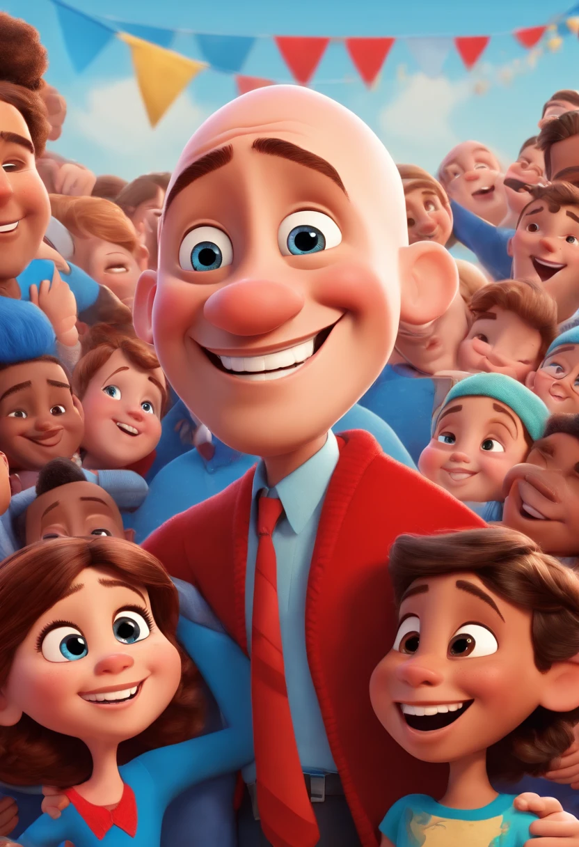 Disney Pixar Character Man Politician 38 Years Old Smiling Bald Hair with Tuft Shaved Brown Hugging Children Blue Shirt and Red Scarf with Population Holding Poster with Bruno Correia Name on Blue and Red Happy Background.