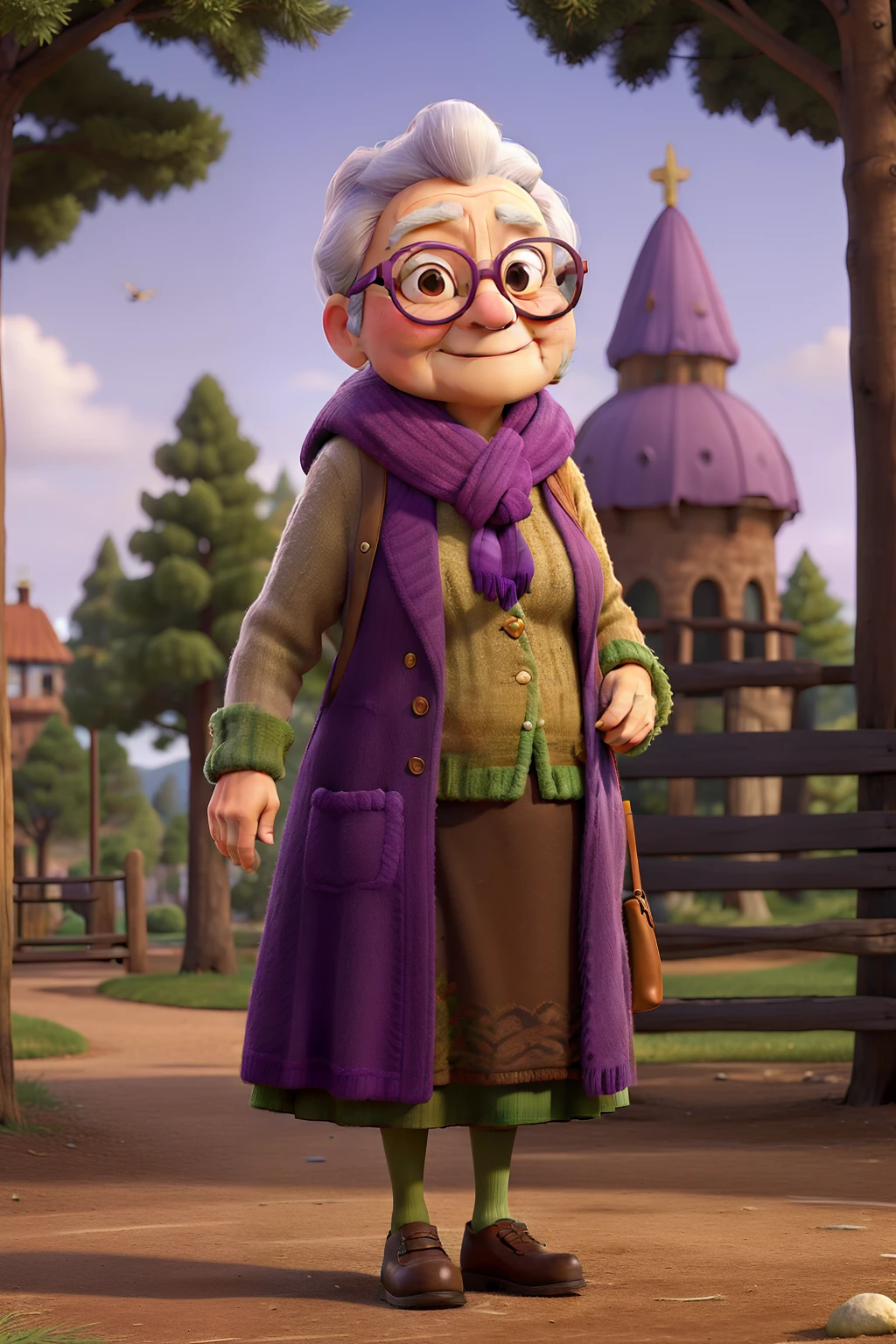 masterpiece, best quality, an old woman with glasses and a scarf on, wearing a purple coat and green scarf, standing at the park