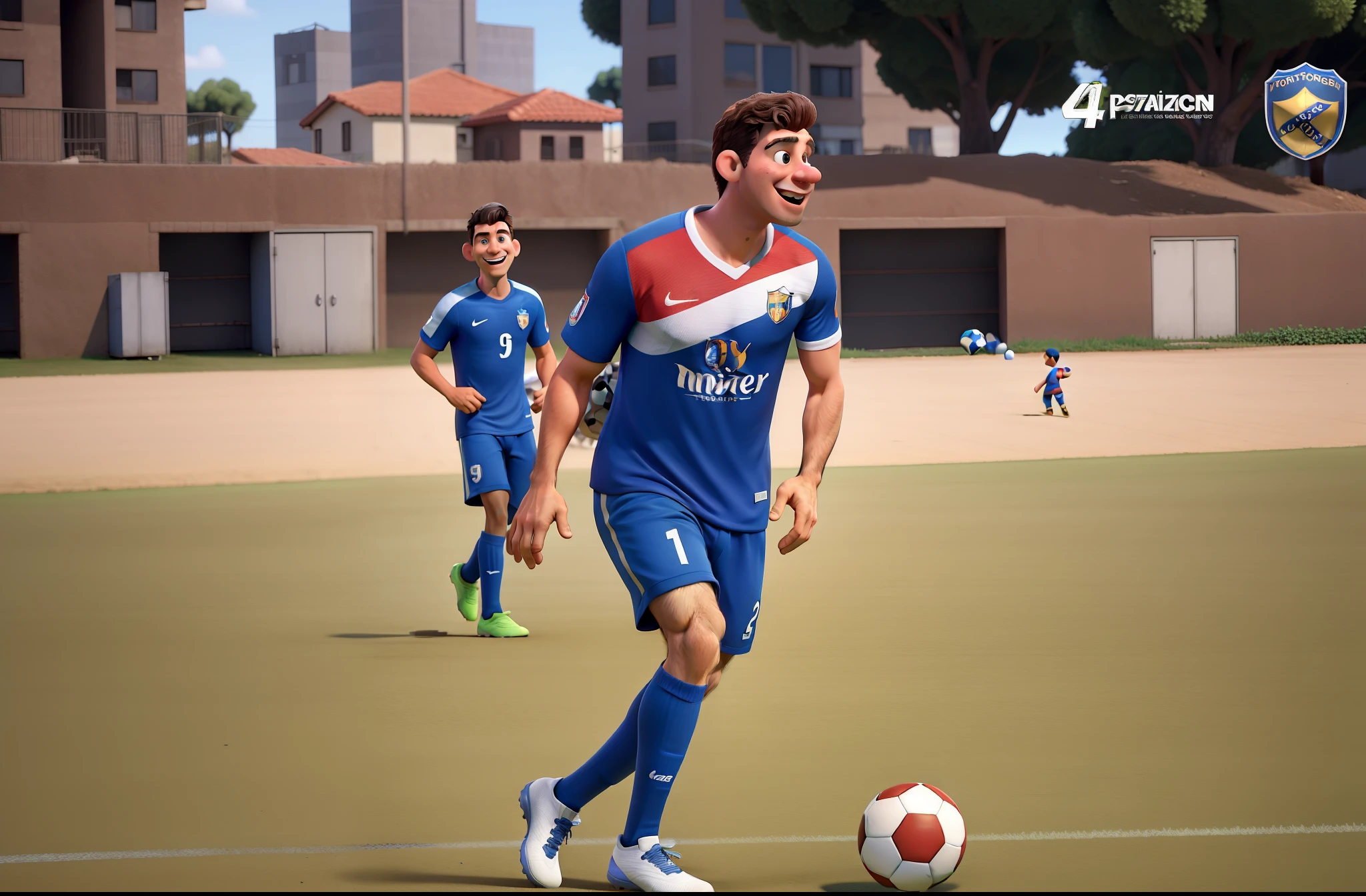 homem de 30 anos, jogando futebol, personagem pixar, nariz pequeno