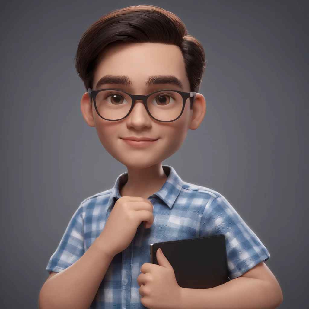 personagem dos desenhos animados de um JOVEM de cabelo preto vestindo camisa xadrez, sentado em frente ao computador trabalhando, animation character, Caractere estilizado, animation style rendering, 3D estilizado, Arnold Maya render, 3 d render stylized, toon render keyshot, Personagem 3D, Personagem 3D, 3d rendering stylized, 3 d character render, personagem de desenho animado, Personagem de close up, Pose de personagem, (Estilo Pixar) (master part:1.2) (Bokeh) (melhor qualidade) (pele detalhada) (textura detalhada) (8k) (argila) (Cinematic lighting) (foco nítido