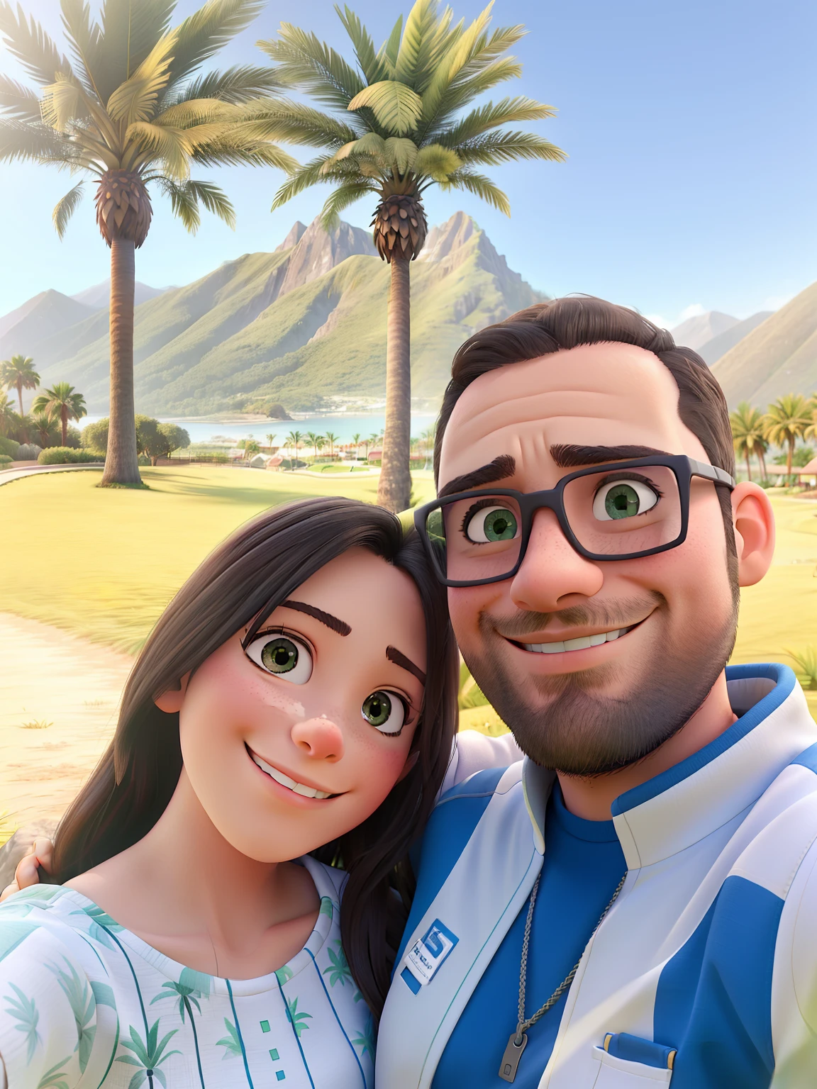 Couple hugging taking a selfie with grass, palm trees and mountain in the background