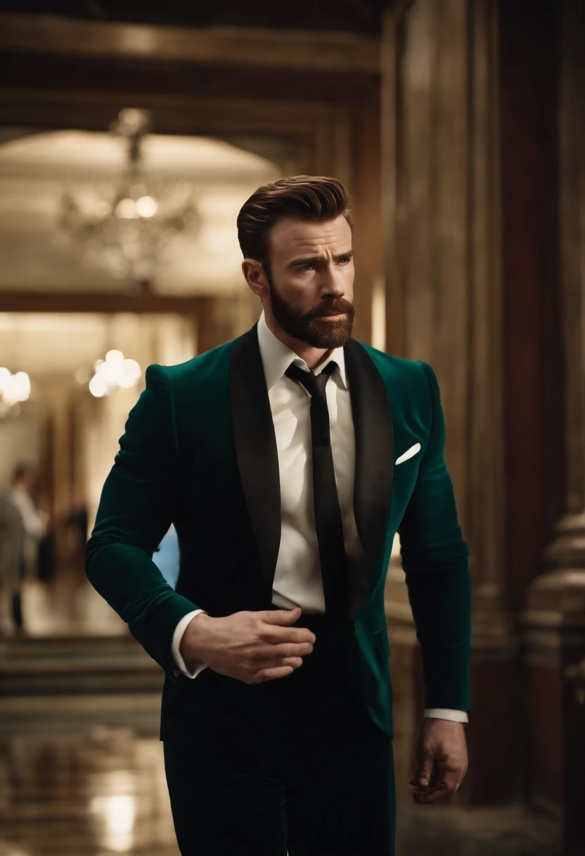 Imagine Chris Evans, the distinguished actor, gracefully striding down a red carpet, clad in an impeccable deep bluish-green velvet tuxedo. His attire exudes elegance, pairing the tuxedo with black dress pants and a pristine white shirt adorned with a precisely tied black bow at the neck. His hairstyle reflects sophistication and class. The photograph captures his presence in its entirety, showcasing the grandeur of his attire from head to toe, in an exceptional 8K ultra-realistic image quality, presenting every detail with astounding clarity. This image projects the feeling of having Chris Evans himself standing right before you.
