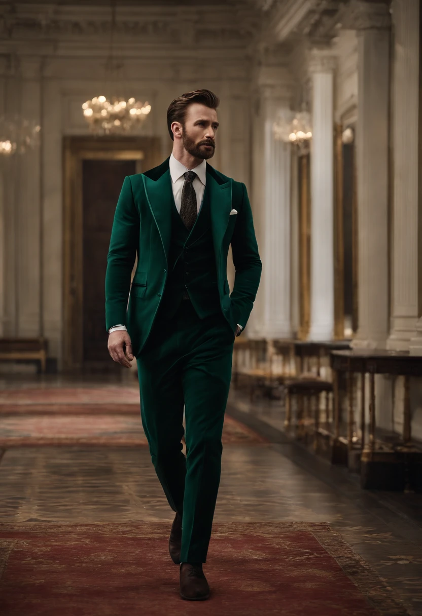 Imagine Chris Evans, the distinguished actor, gracefully striding down a red carpet, clad in an impeccable deep bluish-green velvet tuxedo. His attire exudes elegance, pairing the tuxedo with black dress pants and a pristine white shirt adorned with a precisely tied black bow at the neck. His hairstyle reflects sophistication and class. The photograph captures his presence in its entirety, showcasing the grandeur of his attire from head to toe, in an exceptional 8K ultra-realistic image quality, presenting every detail with astounding clarity. This image projects the feeling of having Chris Evans himself standing right before you.