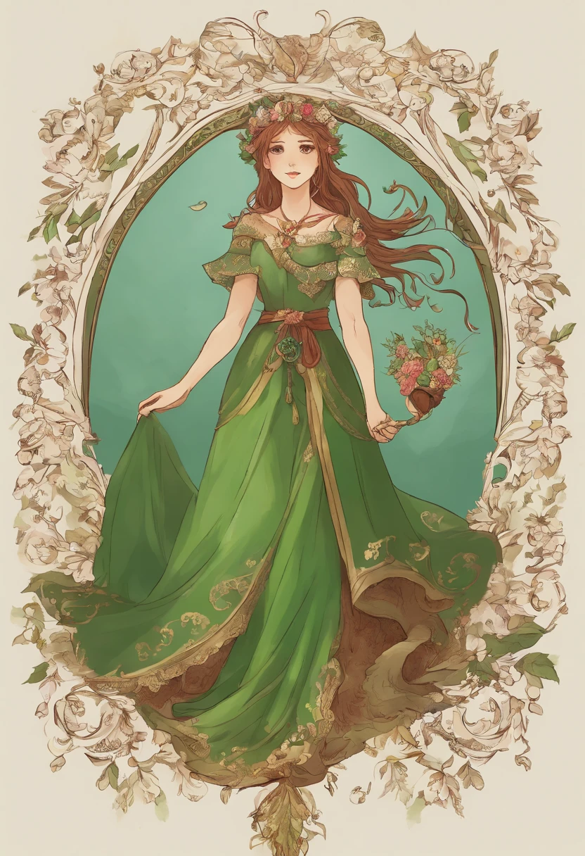An elf of incomparable beauty sits on a carved wooden throne, cercada por flores e folhas. She wears a long, flowing dress in green, que combina com os seus olhos claros. Ela usa joias de ouro e pedras preciosas, que refletem a luz do sol que entra pelas janelas. Ela tem um rosto amargurado pela perda do seu rei, que morreu em uma batalha contra os orcs. She holds a wreath in her hands, That was the symbol of your love. Ela olha para o horizonte, esperando por um milagre que traga o seu amado de volta.