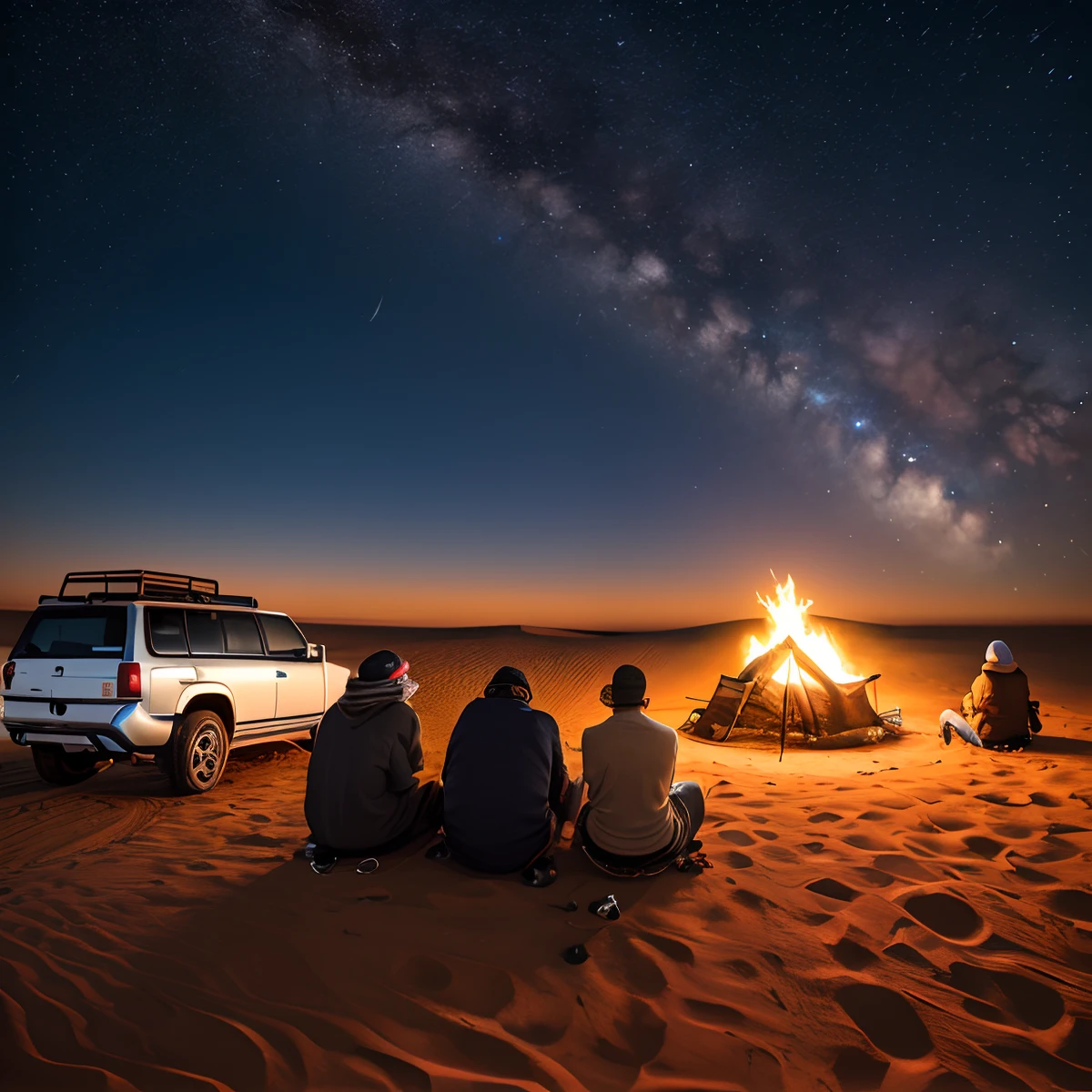 3 Arabs in the Sahara Desert at night sitting by the campfire watching the stars and 2 Nissan patrol safari cars parked next to them Ultra high res.photorealistic:.1.4,UHD iPhone 14 camera quality